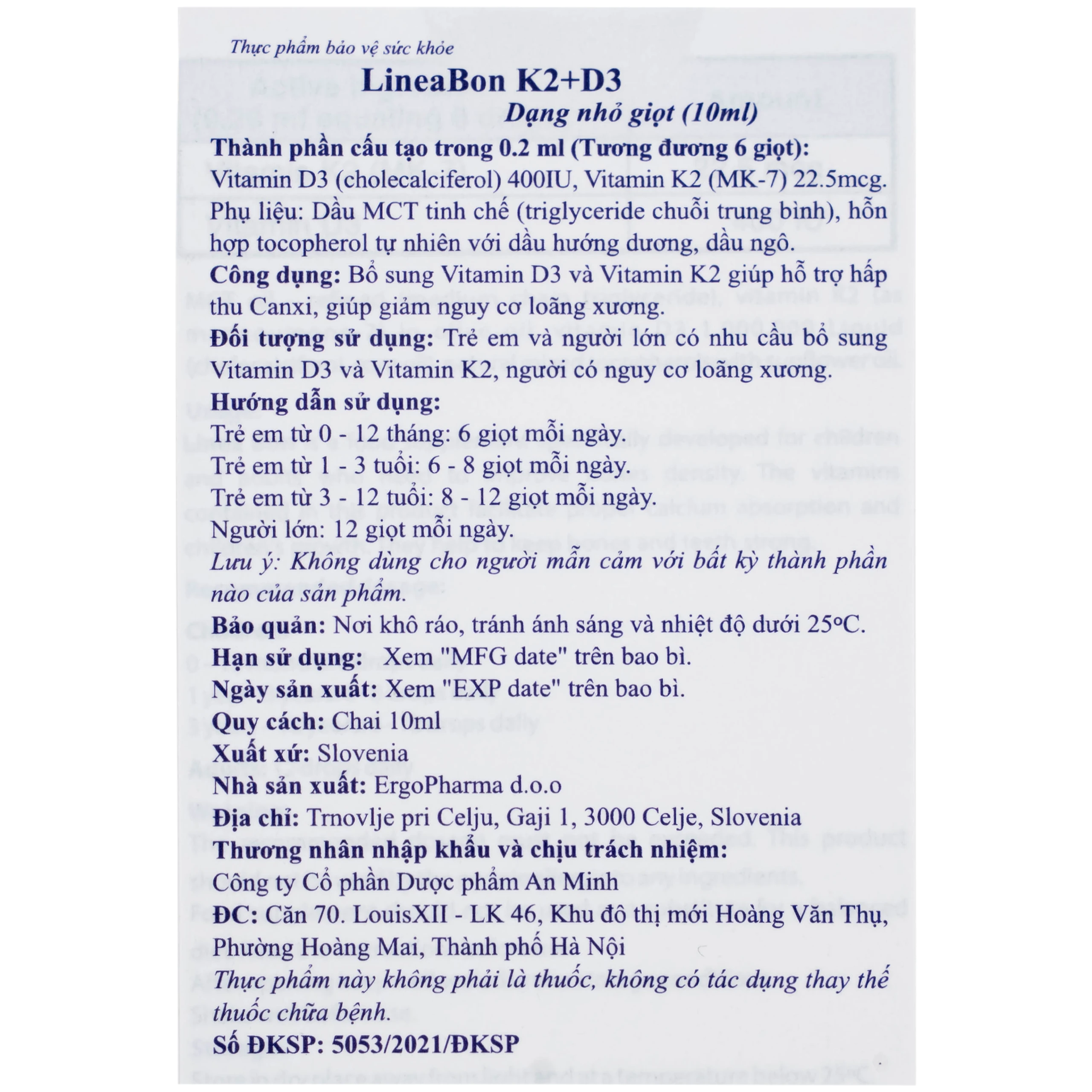 Siro giúp hỗ trợ hấp thụ canxi LineaBon K2+D3 ErgoPharm (10ml)