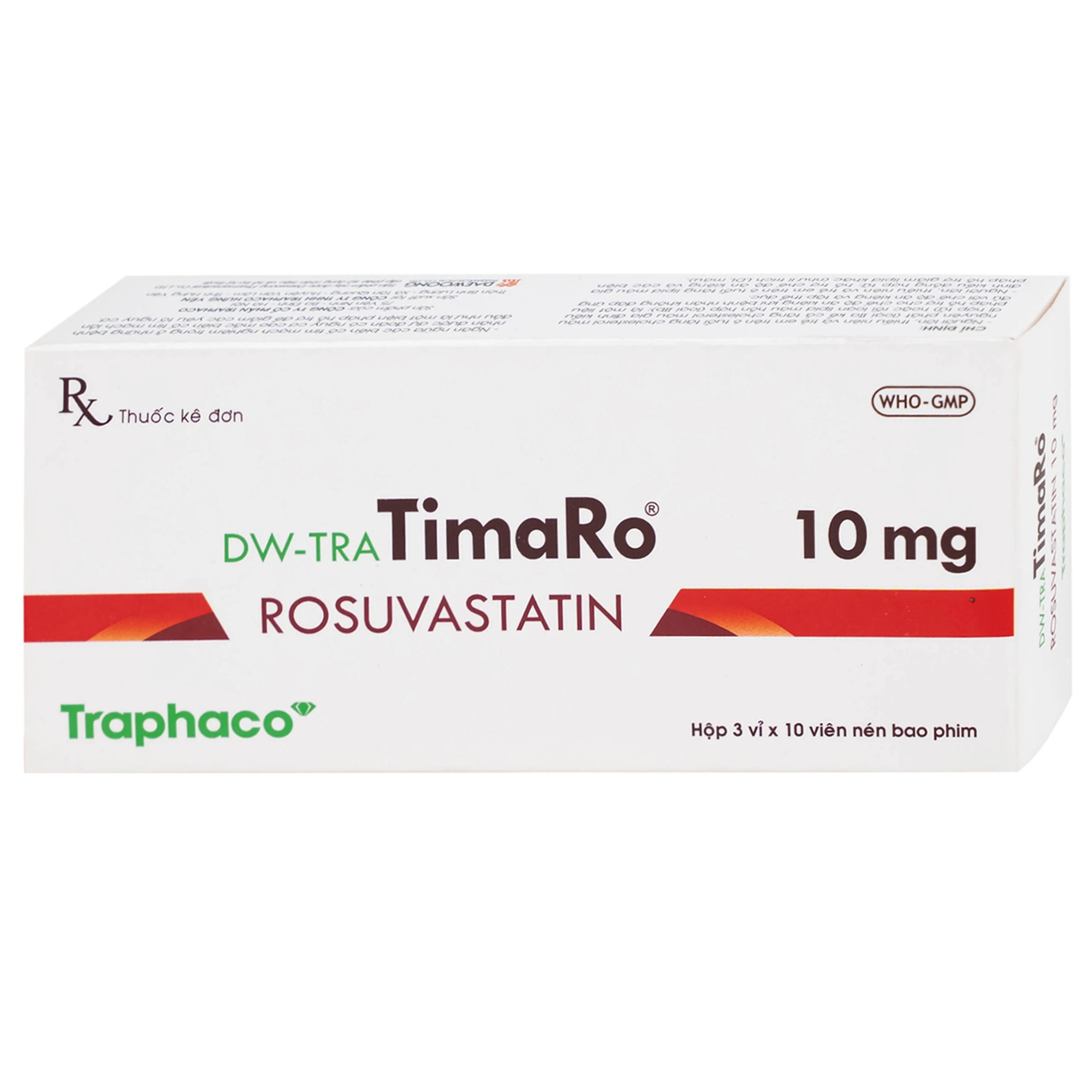 Thuốc DW-TRA TimaRo Rosuvastatin 10mg Traphaco điều trị rối loạn lipid máu ở người lớn và trẻ em (3 vỉ x 10 viên)