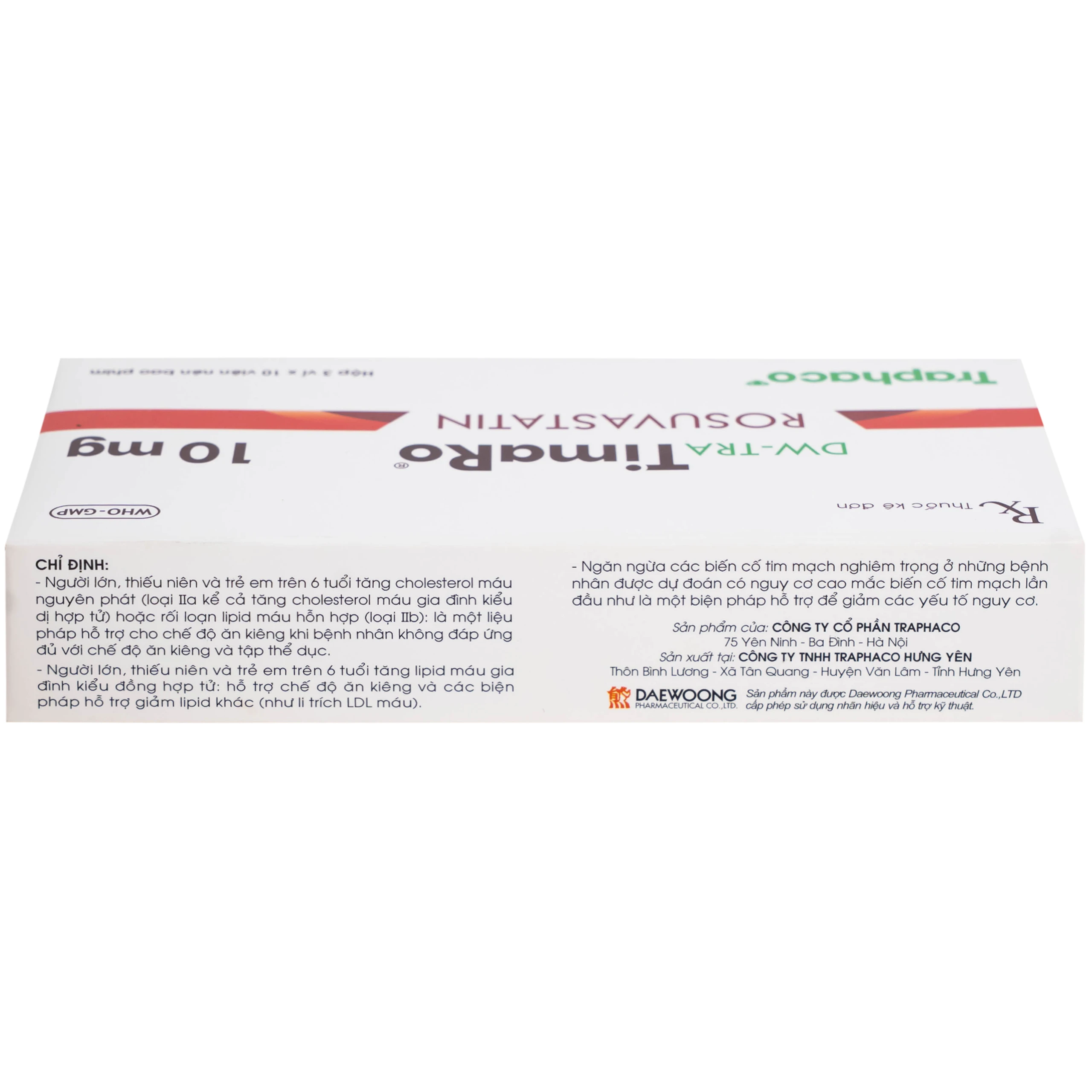 Thuốc DW-TRA TimaRo Rosuvastatin 10mg Traphaco điều trị rối loạn lipid máu ở người lớn và trẻ em (3 vỉ x 10 viên)