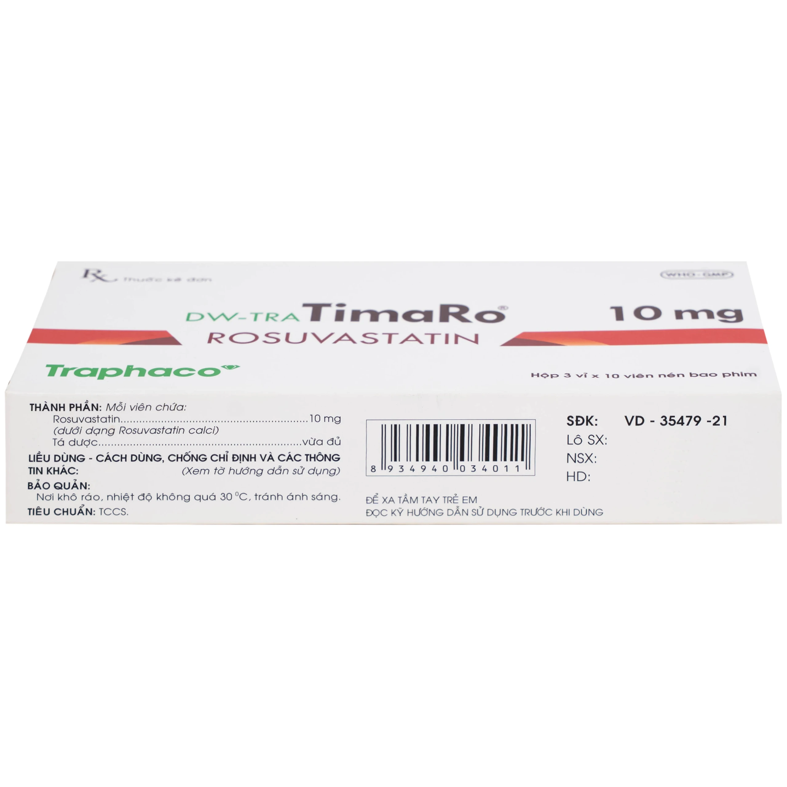 Thuốc DW-TRA TimaRo Rosuvastatin 10mg Traphaco điều trị rối loạn lipid máu ở người lớn và trẻ em (3 vỉ x 10 viên)
