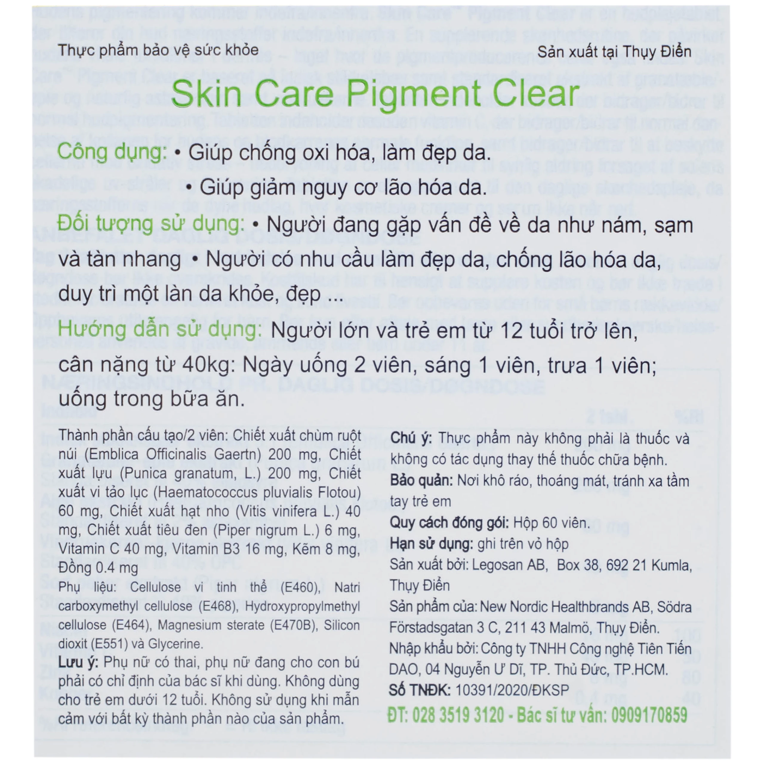 Viên uống giúp làm đẹp da, chống oxi hóa và giảm lão hóa da Skin Care Pigment Clear New Nordic (2 vỉ x 30 viên)