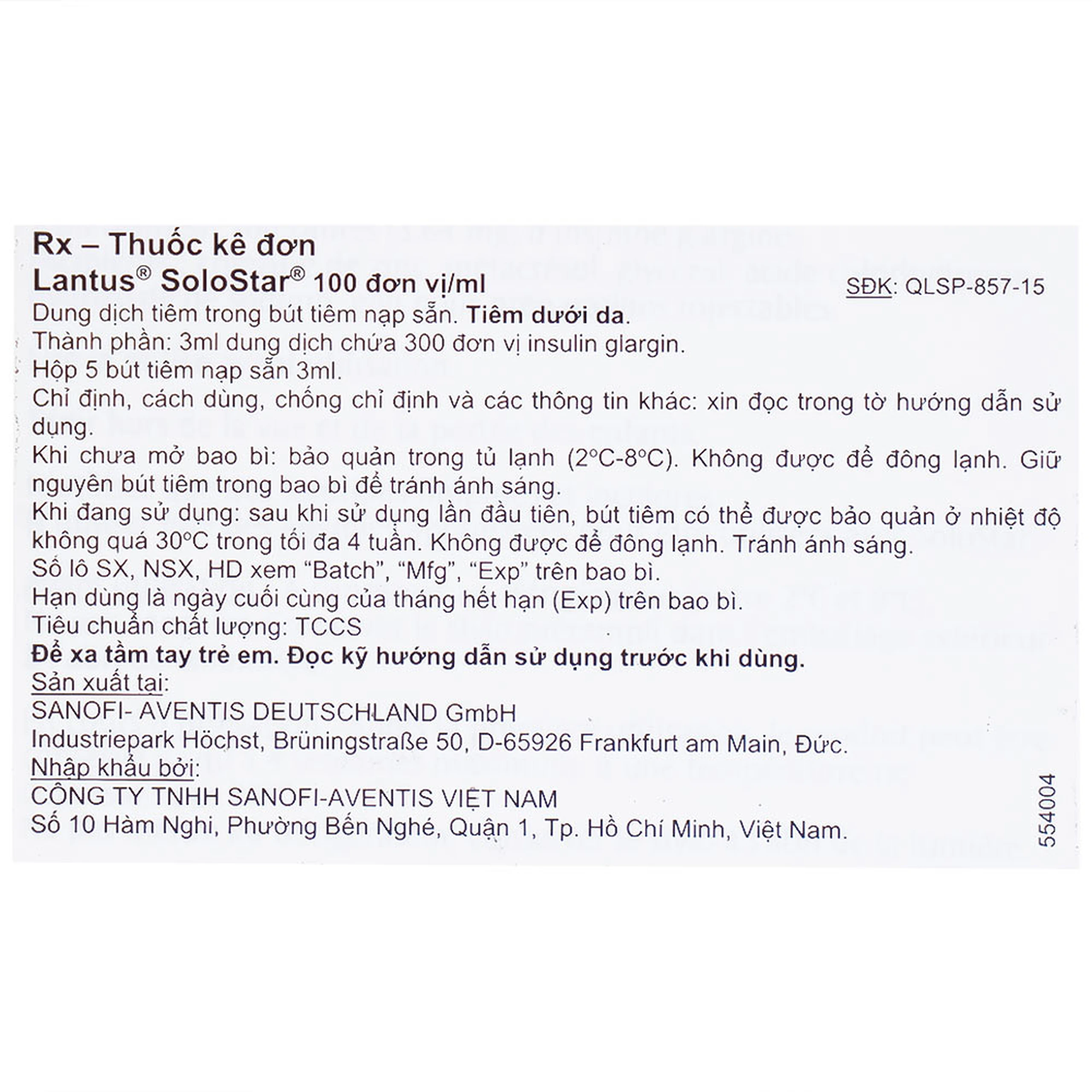 Bút tiêm Lantus SoloStar 100 Units/ml điều trị đái tháo đường (5 cây x 3ml)