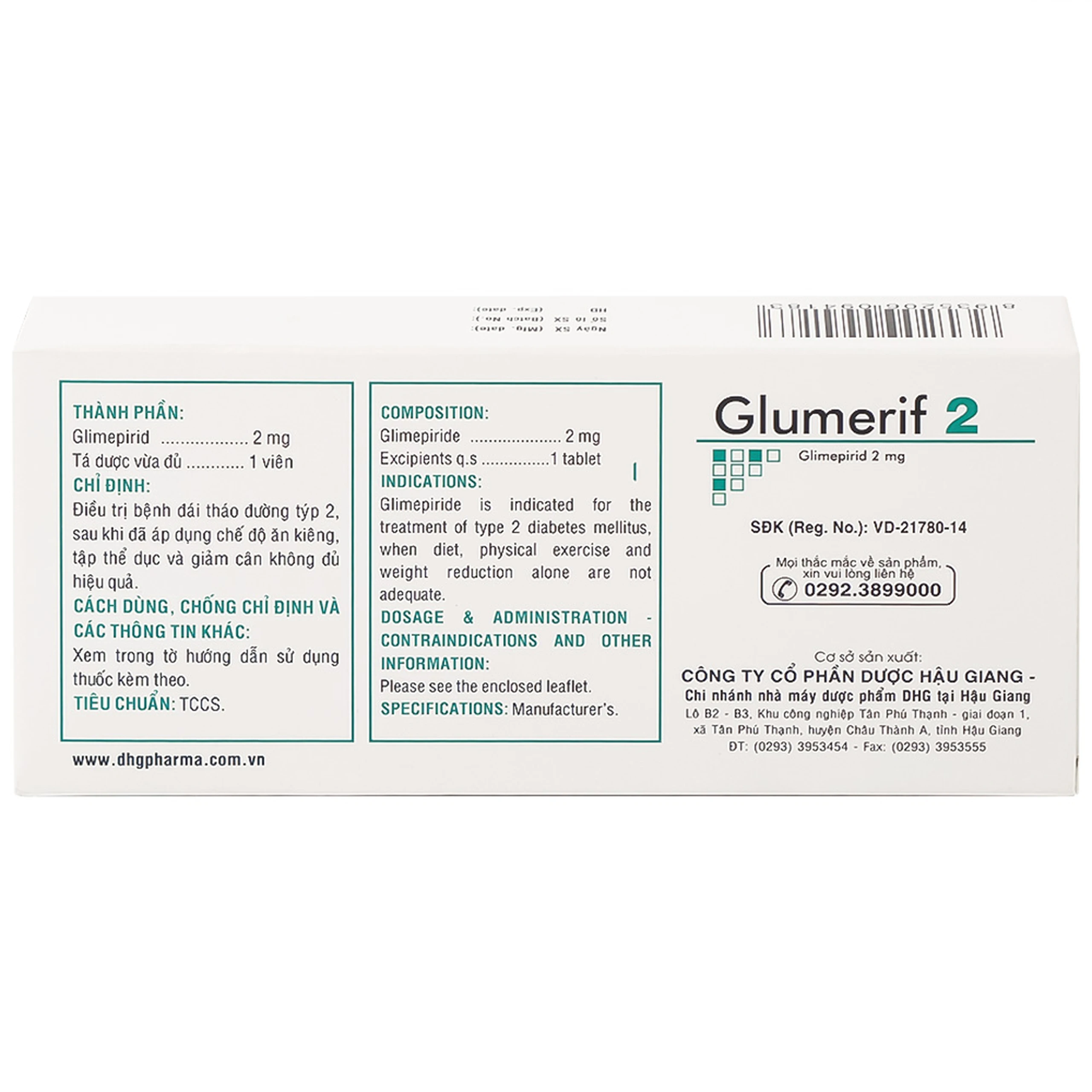 Thuốc Glumerif 2 DHG điều trị bệnh đái tháo đường típ 2 (3 vỉ x 10 viên)
