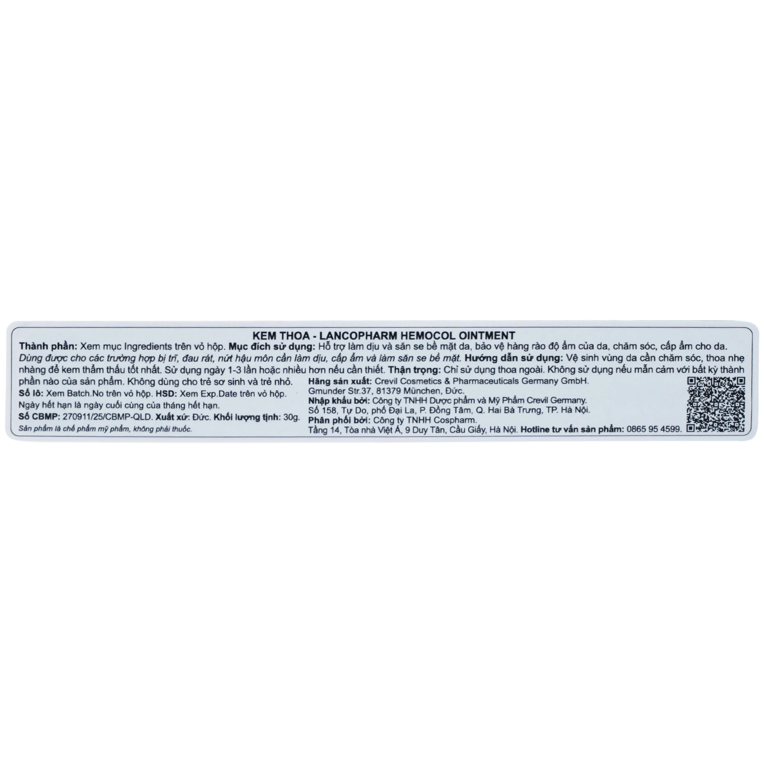 Kem bôi trĩ Hemocol Ointment Lancopharm kháng khuẩn, làm dịu (30g)