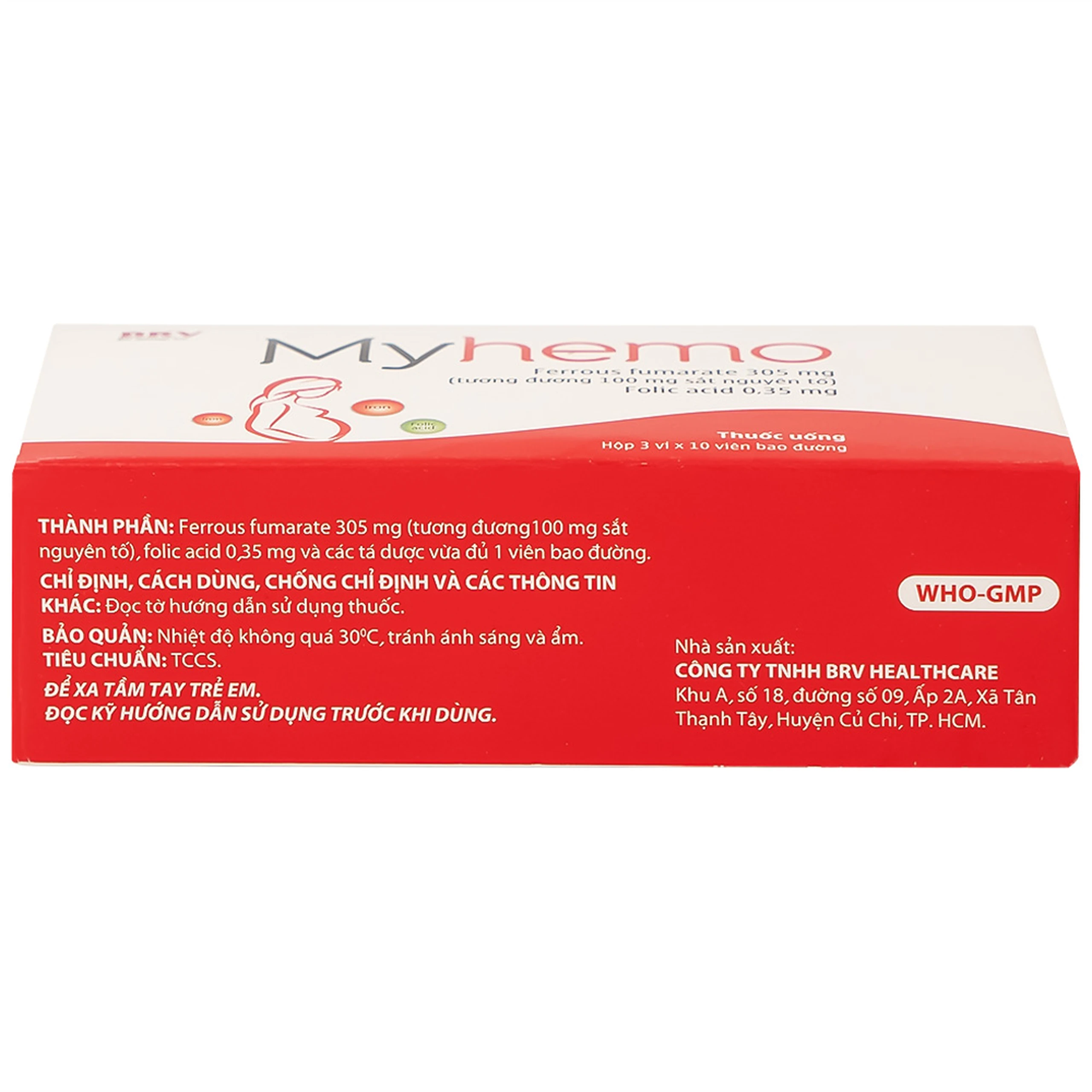 Thuốc Myhemo BRV điều trị dự phòng thiếu sắt và folic acid trong khi mang thai (3 vỉ x 10 viên)