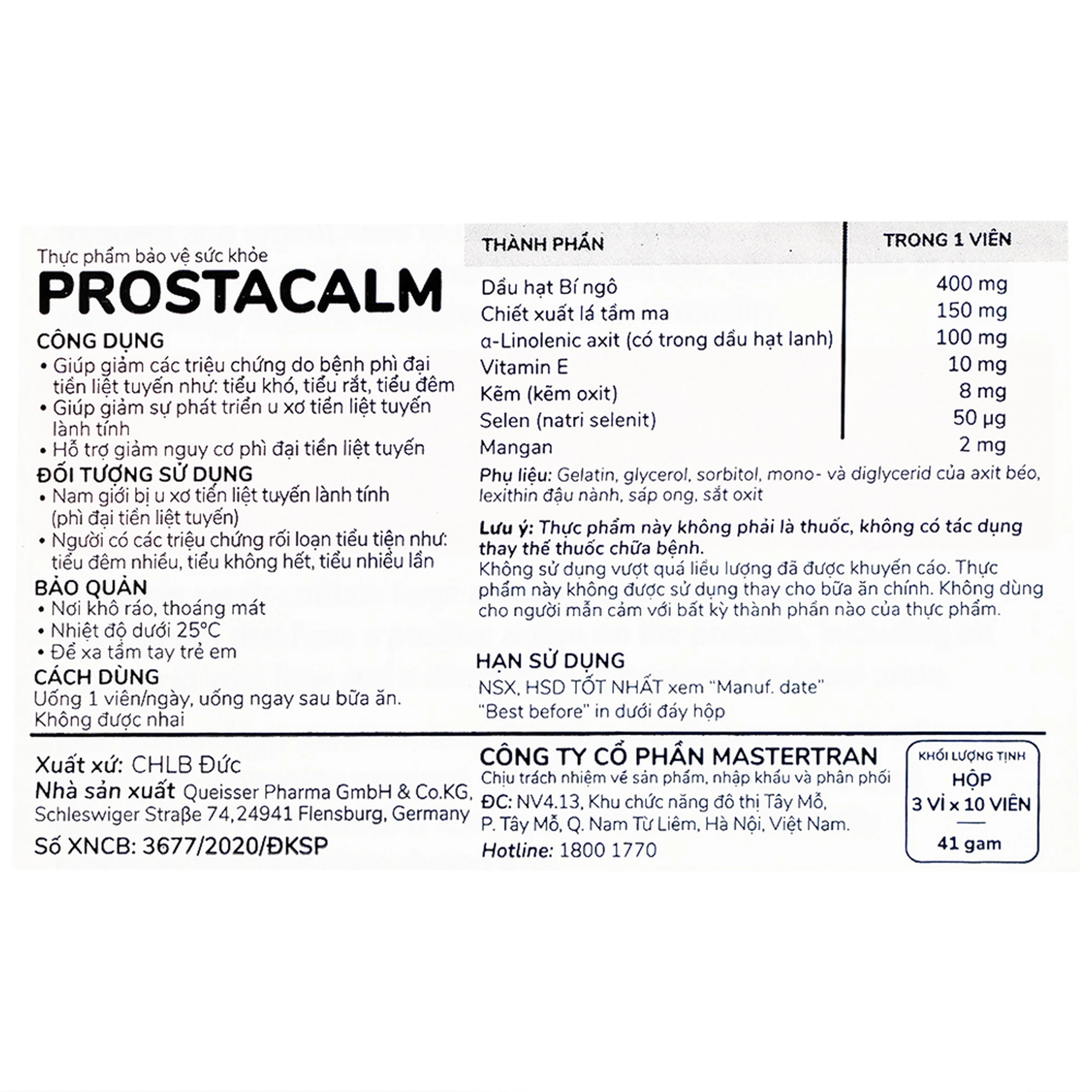 Viên uống giúp giảm triệu chứng do bệnh phì đại tiền liệt tuyến cho nam giới Doppelherz Aktiv Prostacalm (3 vỉ x 10 viên)