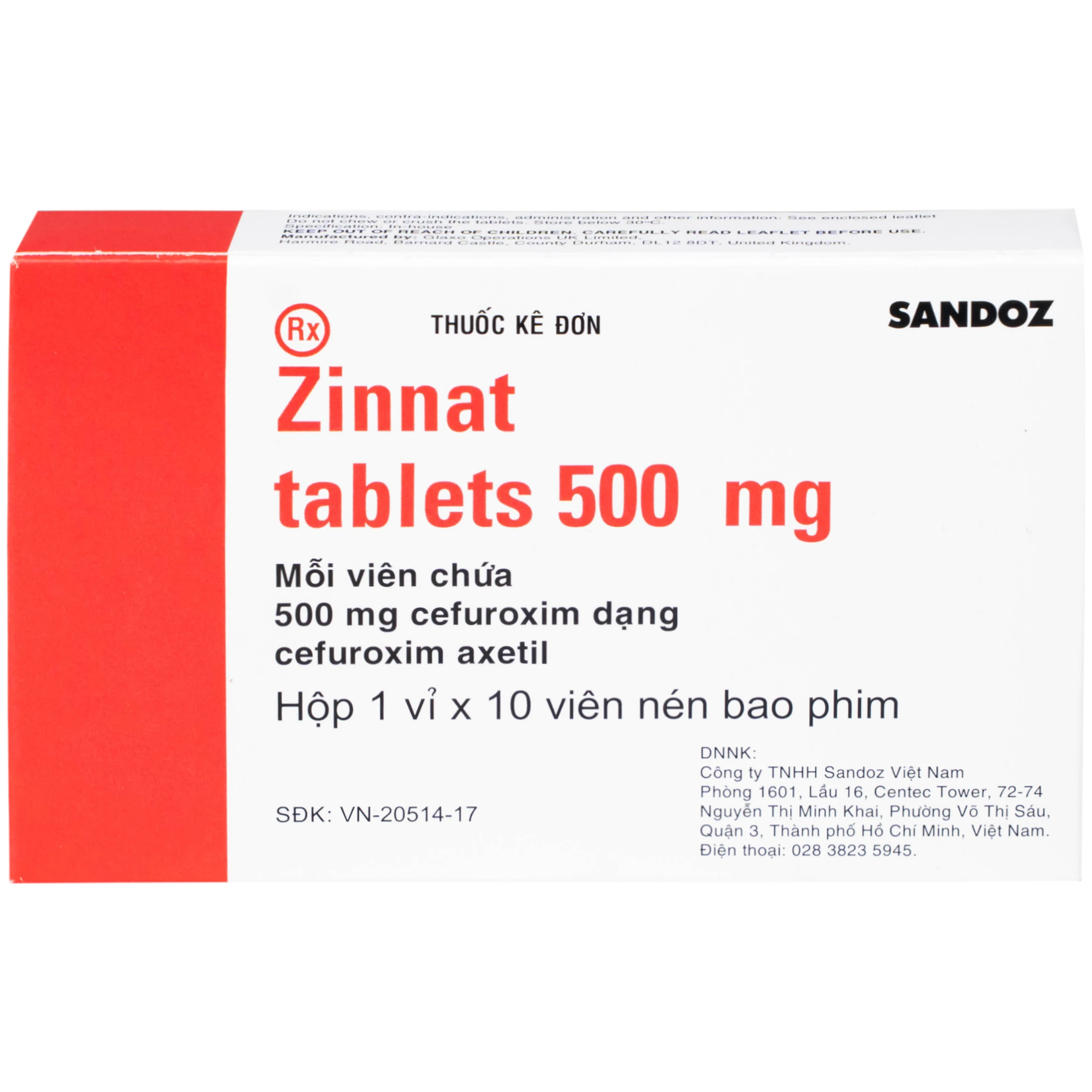 Thuốc Zinnat tablets 500mg Sandoz điều trị những nhiễm khuẩn do vi khuẩn nhạy cảm gây ra (1 vỉ x 10 viên)