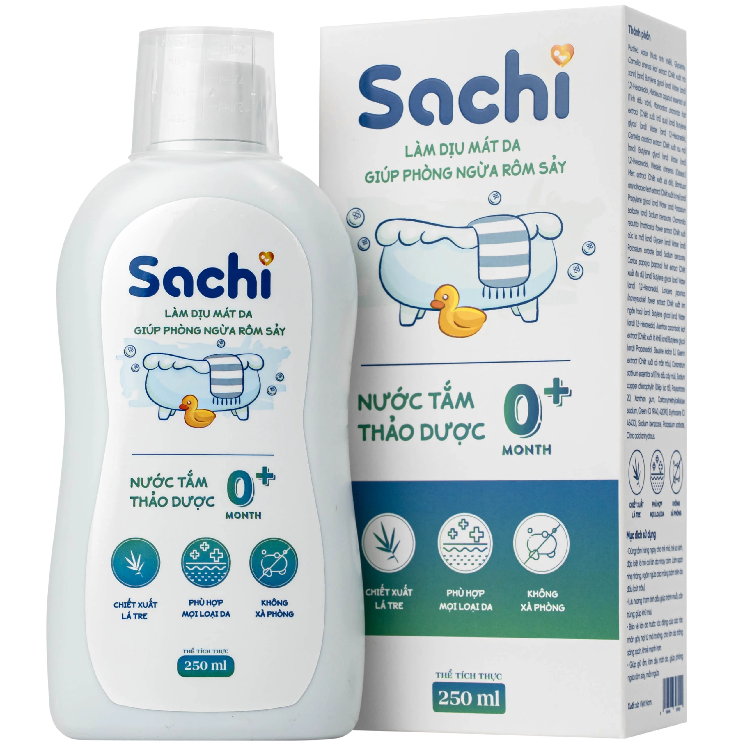 Nước tắm gội thảo dược cho bé Sachi Làm dịu mát da và phòng ngừa rôm sảy chai 250ml