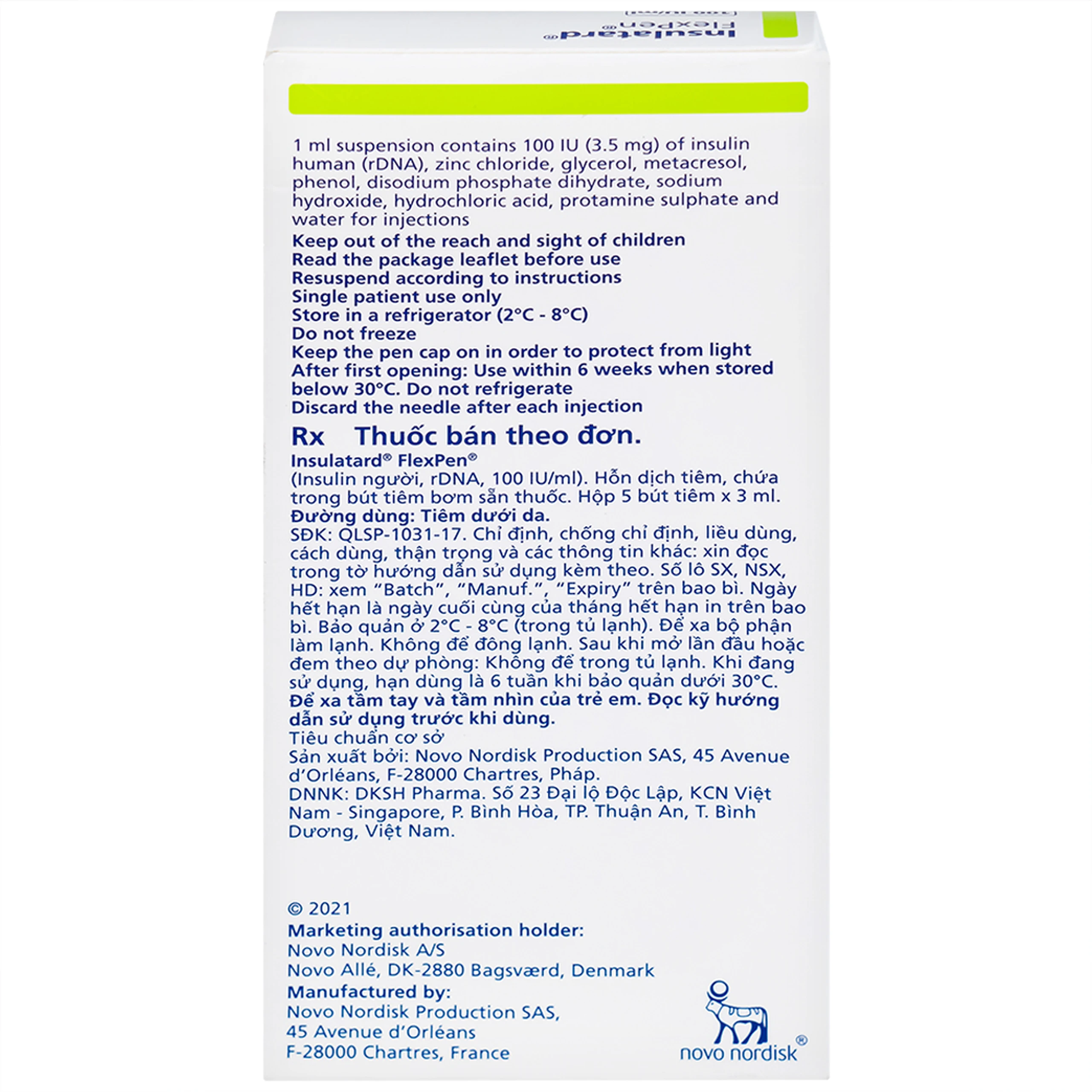 Bút tiêm Insulatard FlexPen 100IU/ml Novo Nordisk điều trị bệnh đái tháo đường (5 cây)