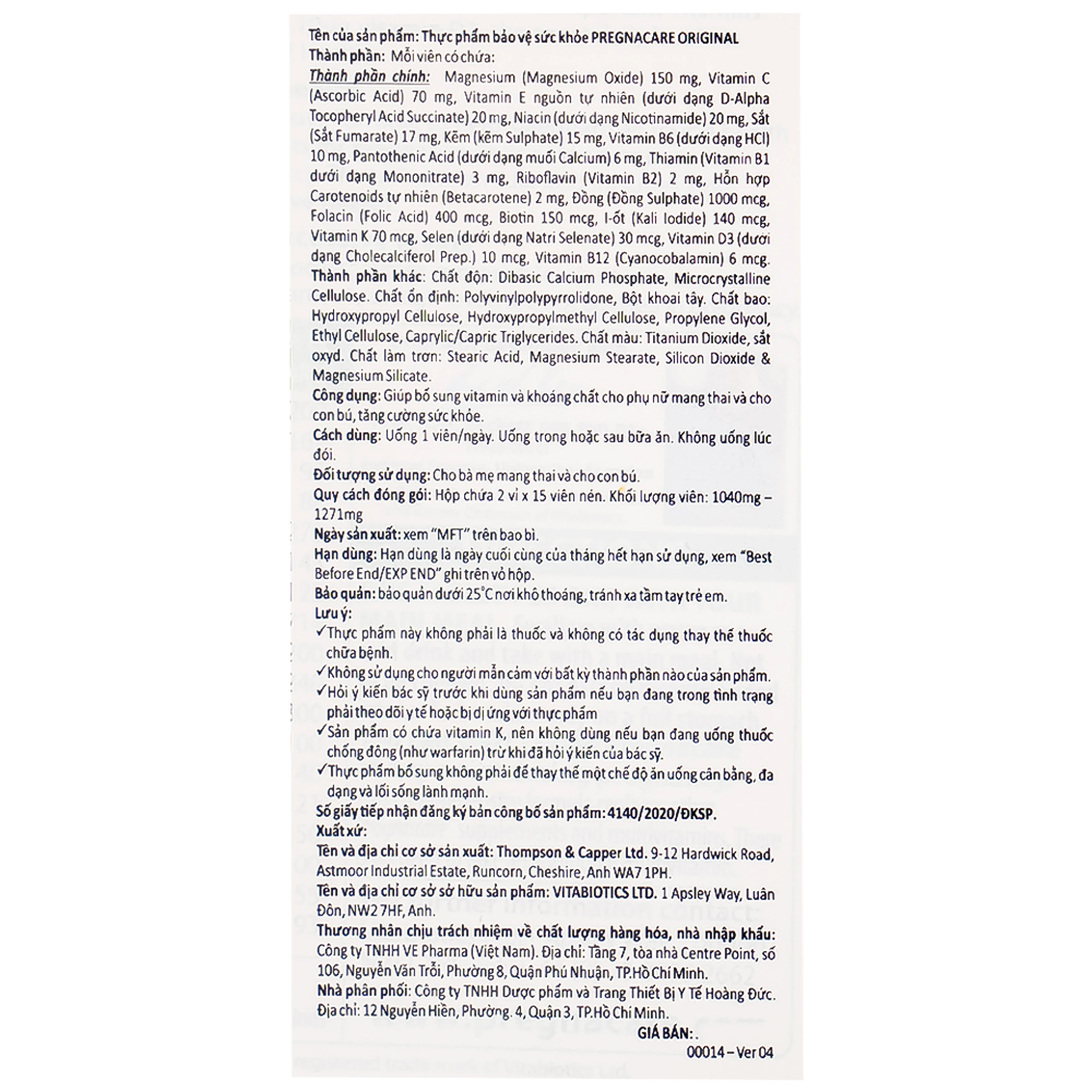 Viên bổ sung vitamin khoáng chất cho phụ nữ mang thai và cho con bú Vitabiotics Pregnacare Original (2 vỉ x 15 viên)