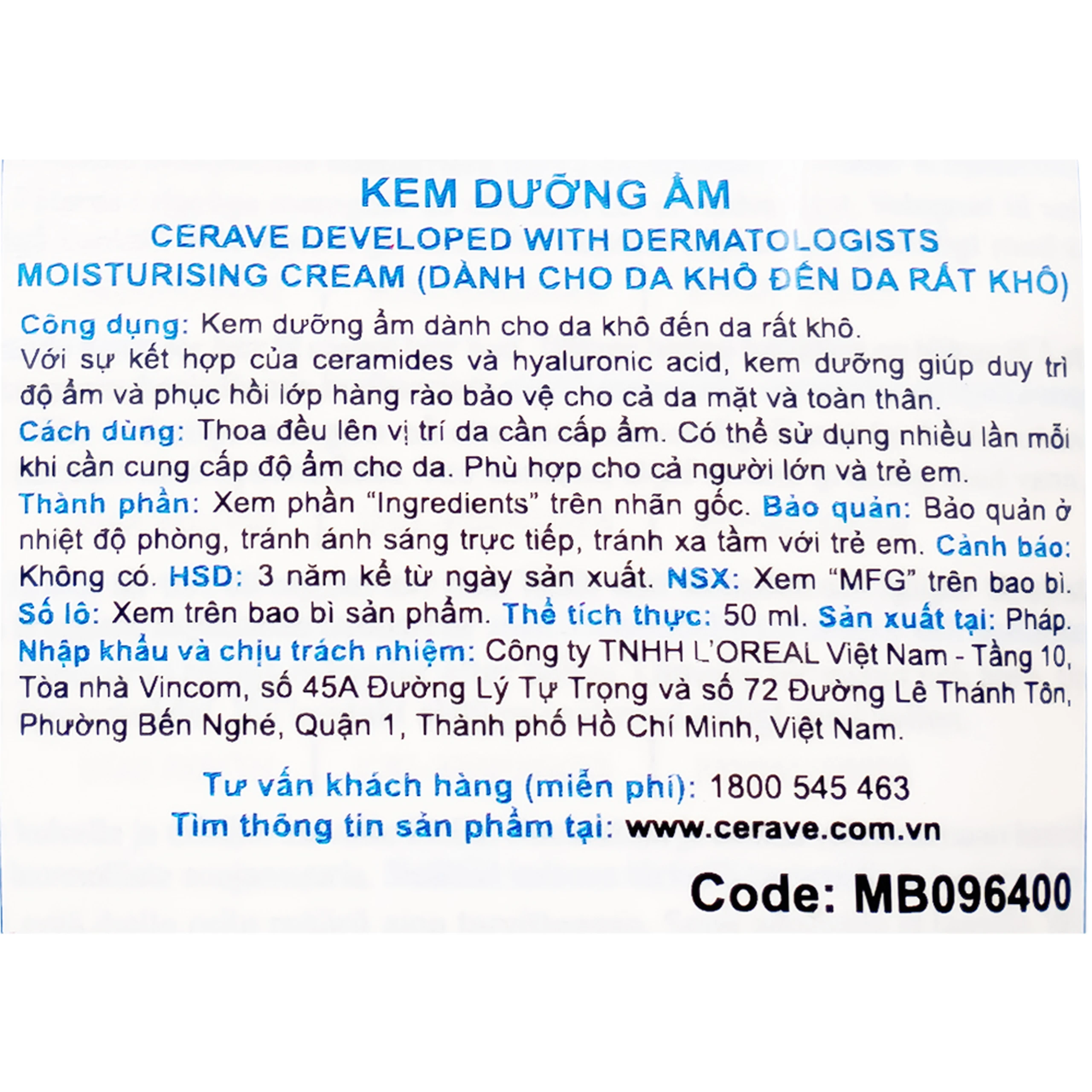Kem dưỡng ẩm cho da khô CeraVe Moisturising Cream (50ml)