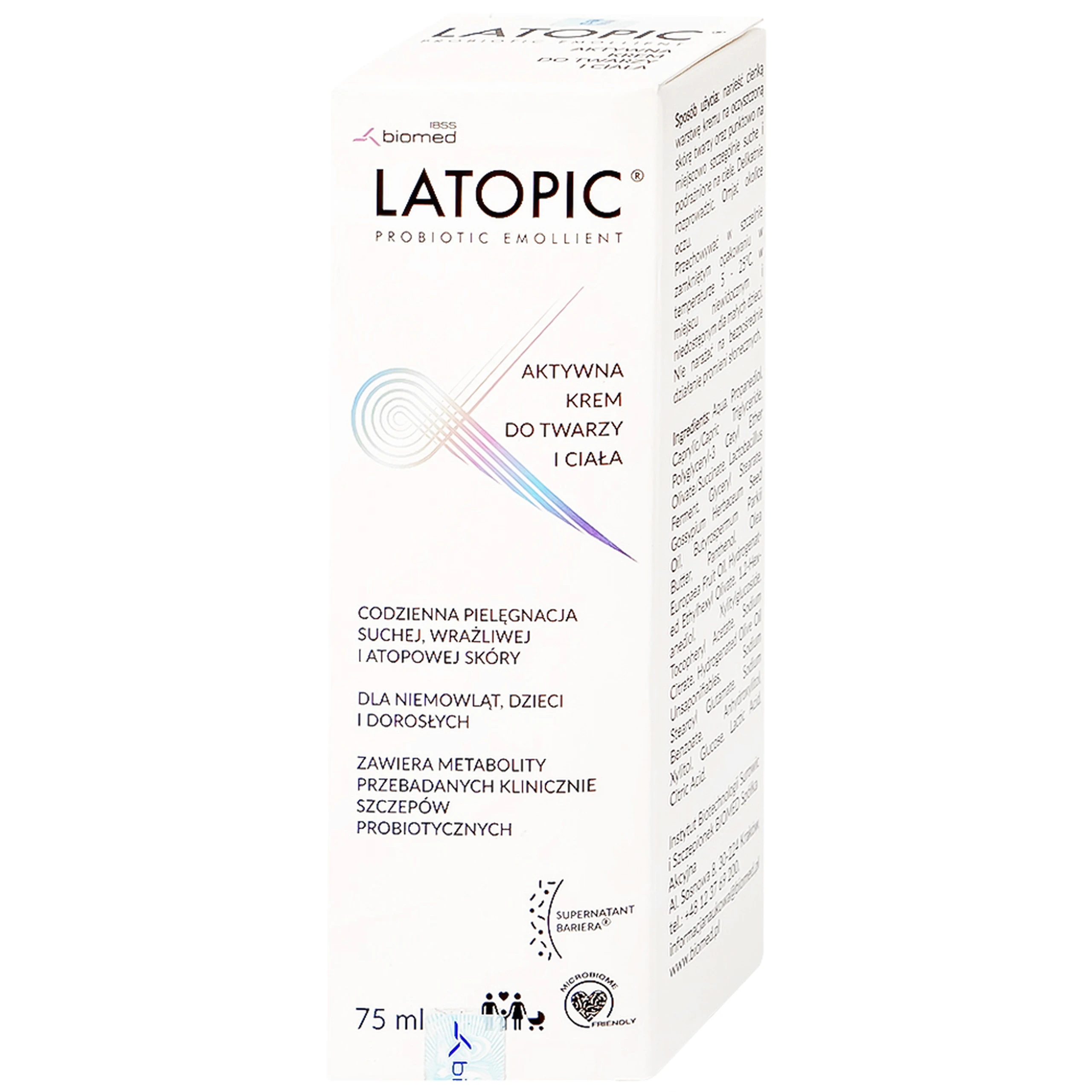 Kem bôi dưỡng ẩm, dịu da Latopic Probiotic Emollient Active Face And Body cream 75ml