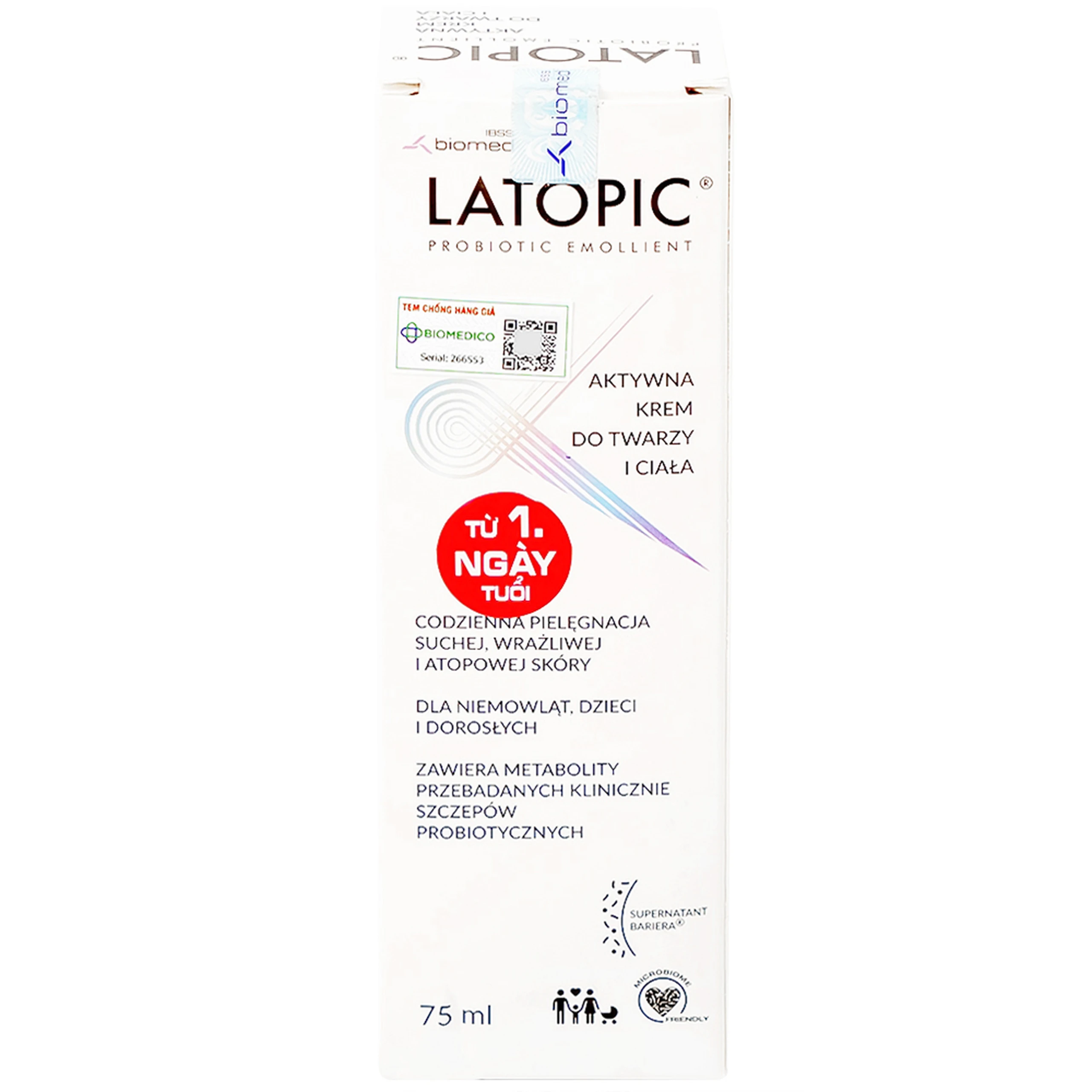 Kem bôi dưỡng ẩm, dịu da Latopic Probiotic Emollient Active Face And Body cream 75ml