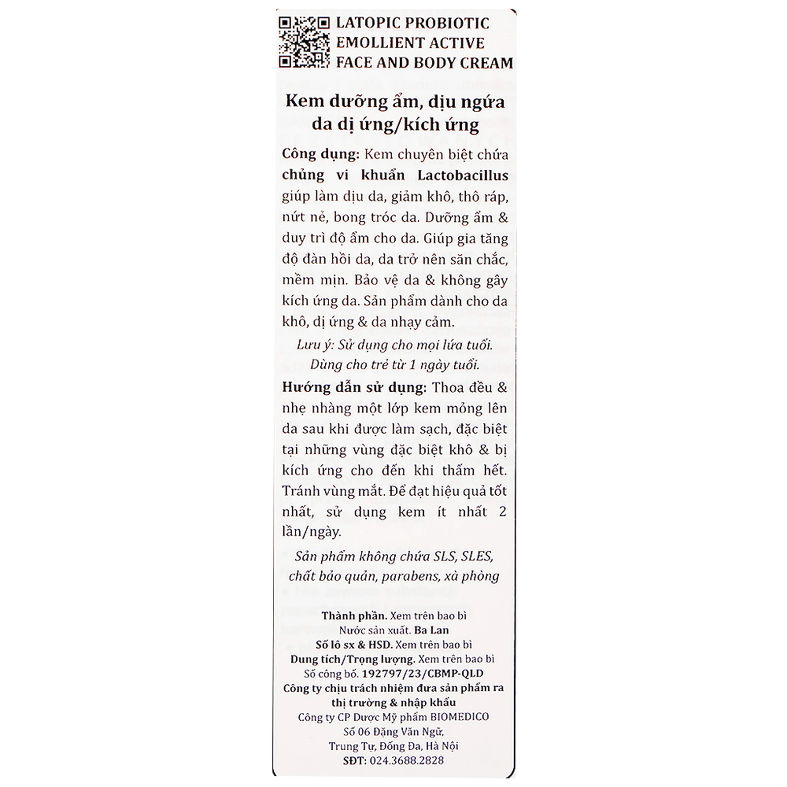 Kem bôi dưỡng ẩm, dịu da Latopic Probiotic Emollient Active Face And Body cream 75ml