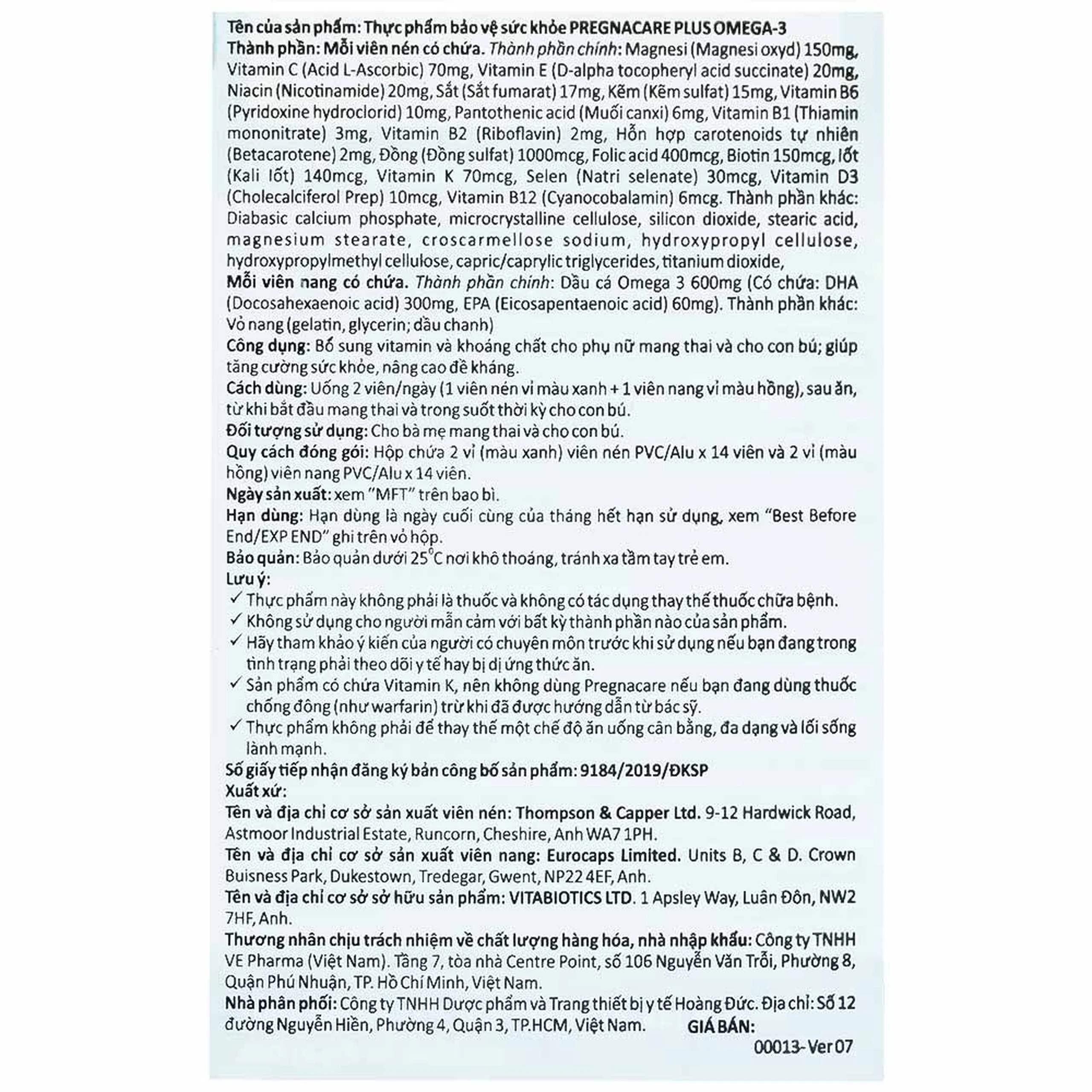 Viên uống bổ sung Vitamin Omega-3 và khoáng chất Vitabiotics Pregnacare Plus (56 viên)