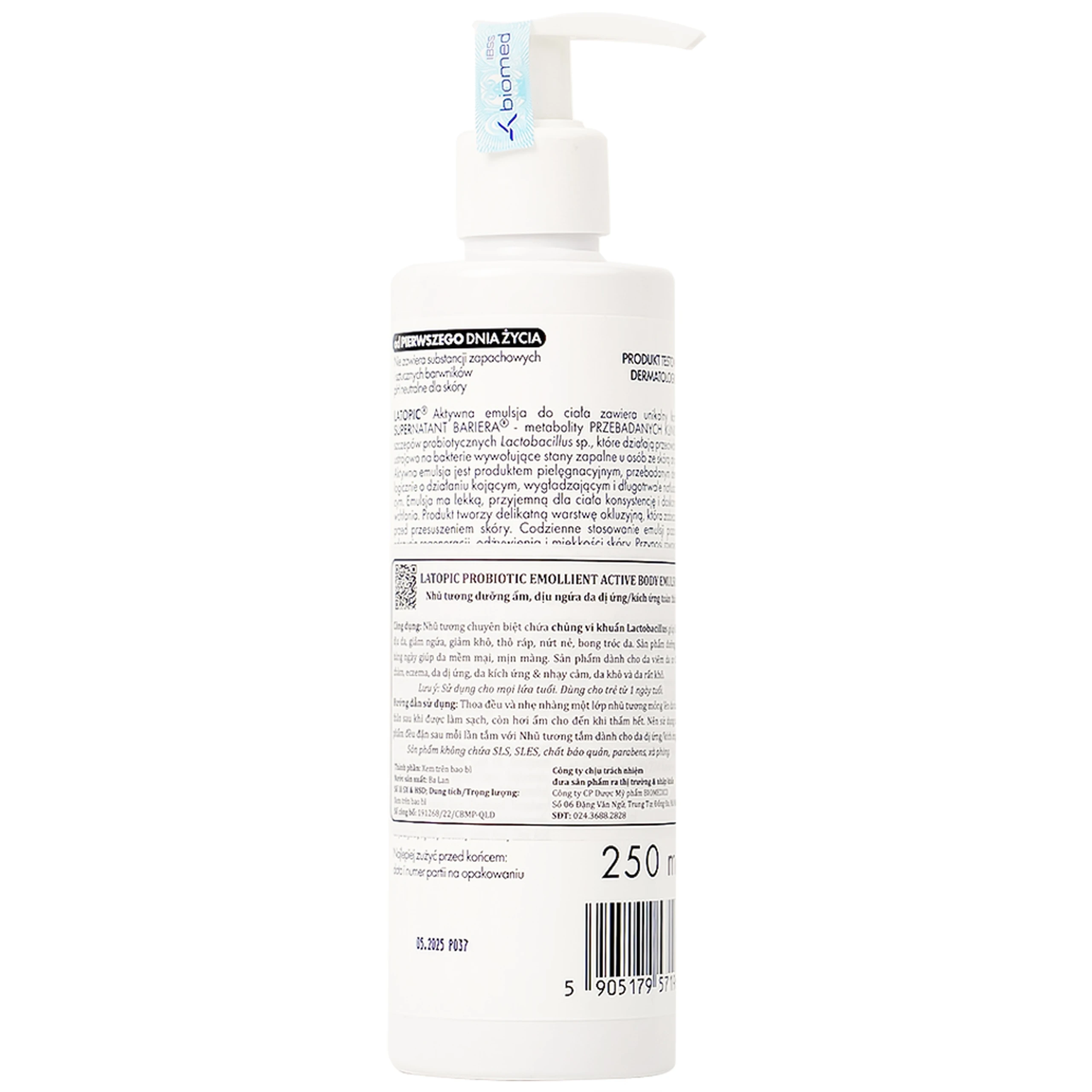 Nhũ tương dưỡng ẩm Latopic Probiotic Emollient Active Body Emulsion dịu ngứa da dị ứng, kích ứng (250ml)