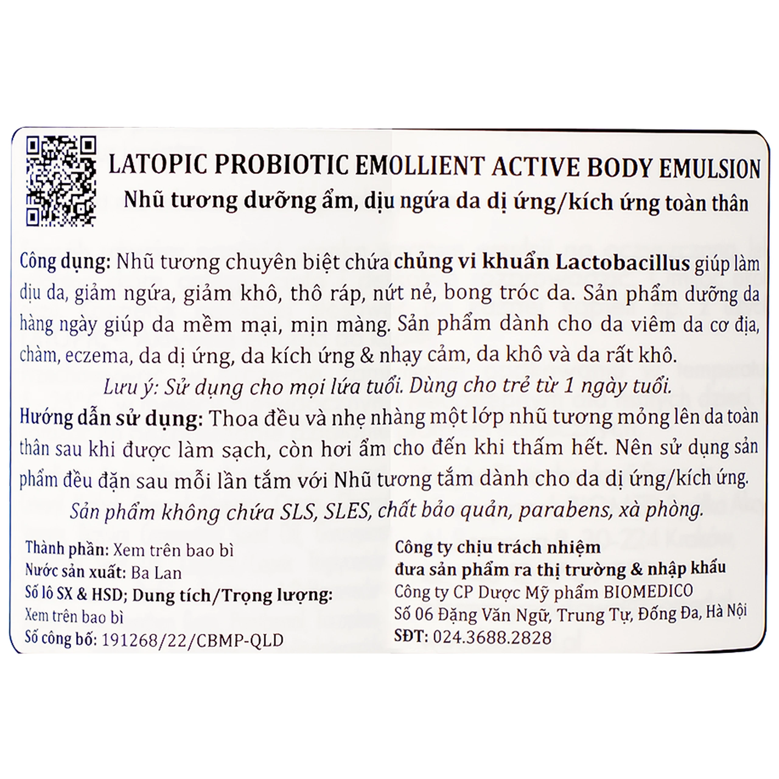 Nhũ tương dưỡng ẩm Latopic Probiotic Emollient Active Body Emulsion dịu ngứa da dị ứng, kích ứng (250ml)