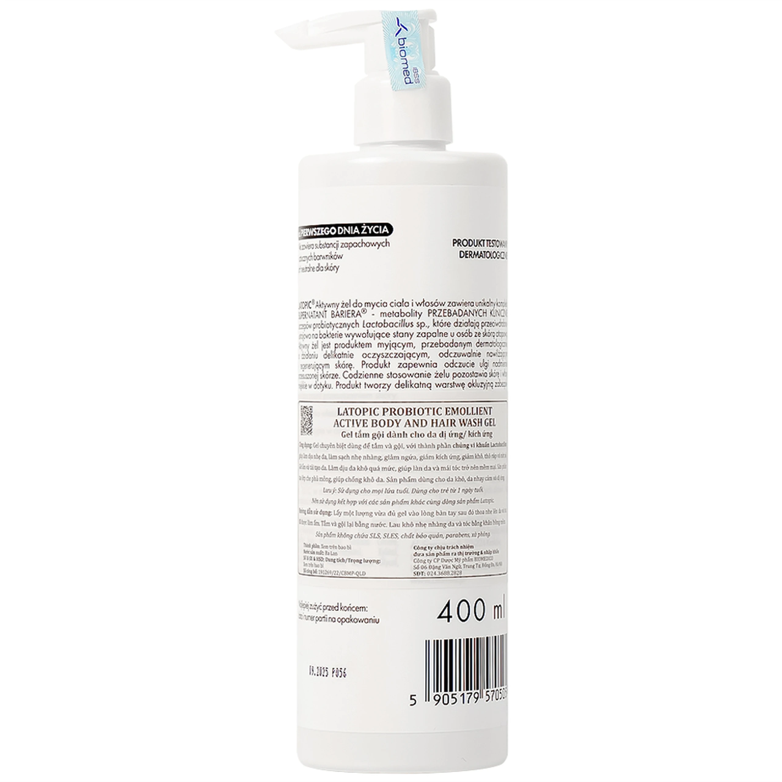 Gel tắm gội cho da kích ứng Latopic Probiotic Emollient Active 400ml
