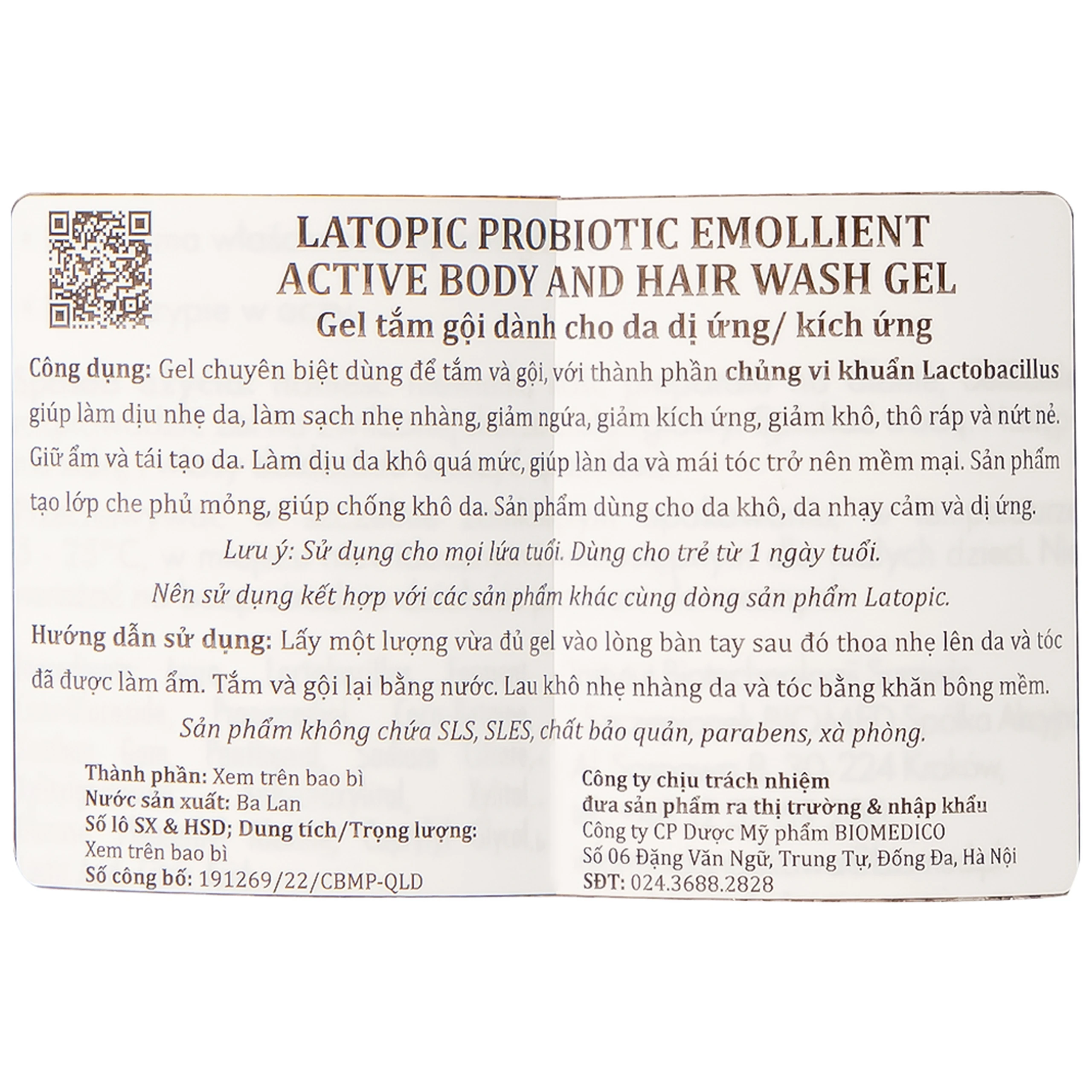 Gel tắm gội cho da kích ứng Latopic Probiotic Emollient Active 400ml