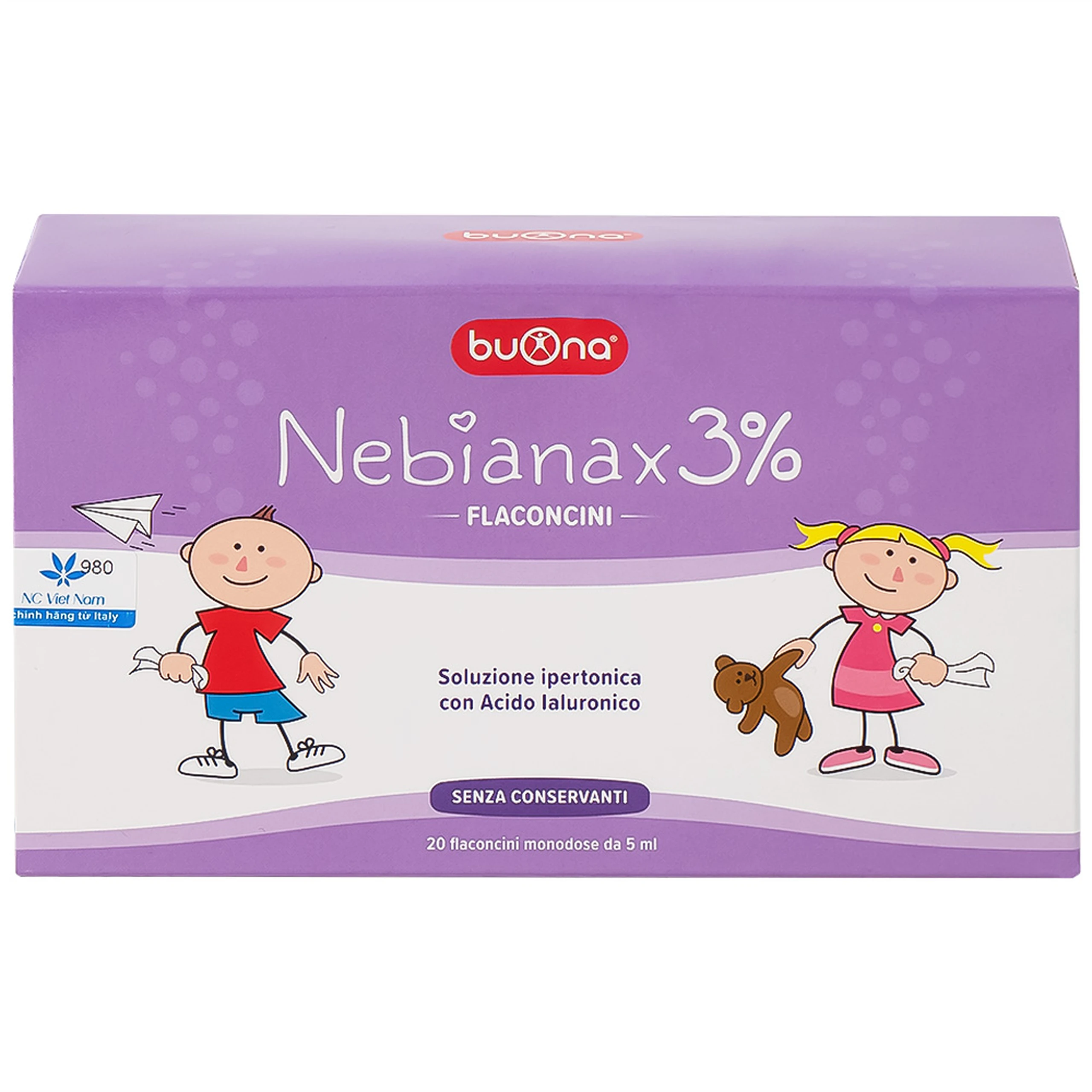 Nước muối sinh lý ưu trương Buona Nebianax 3% (20 ống) hỗ trợ điều trị nhiễm khuẩn đường hô hấp