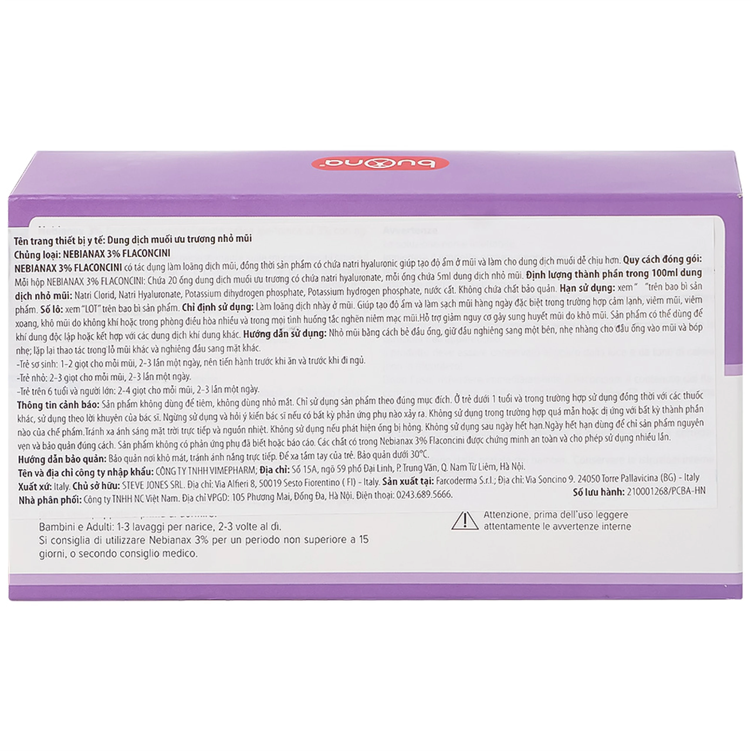 Nước muối sinh lý ưu trương Buona Nebianax 3% (20 ống) hỗ trợ điều trị nhiễm khuẩn đường hô hấp