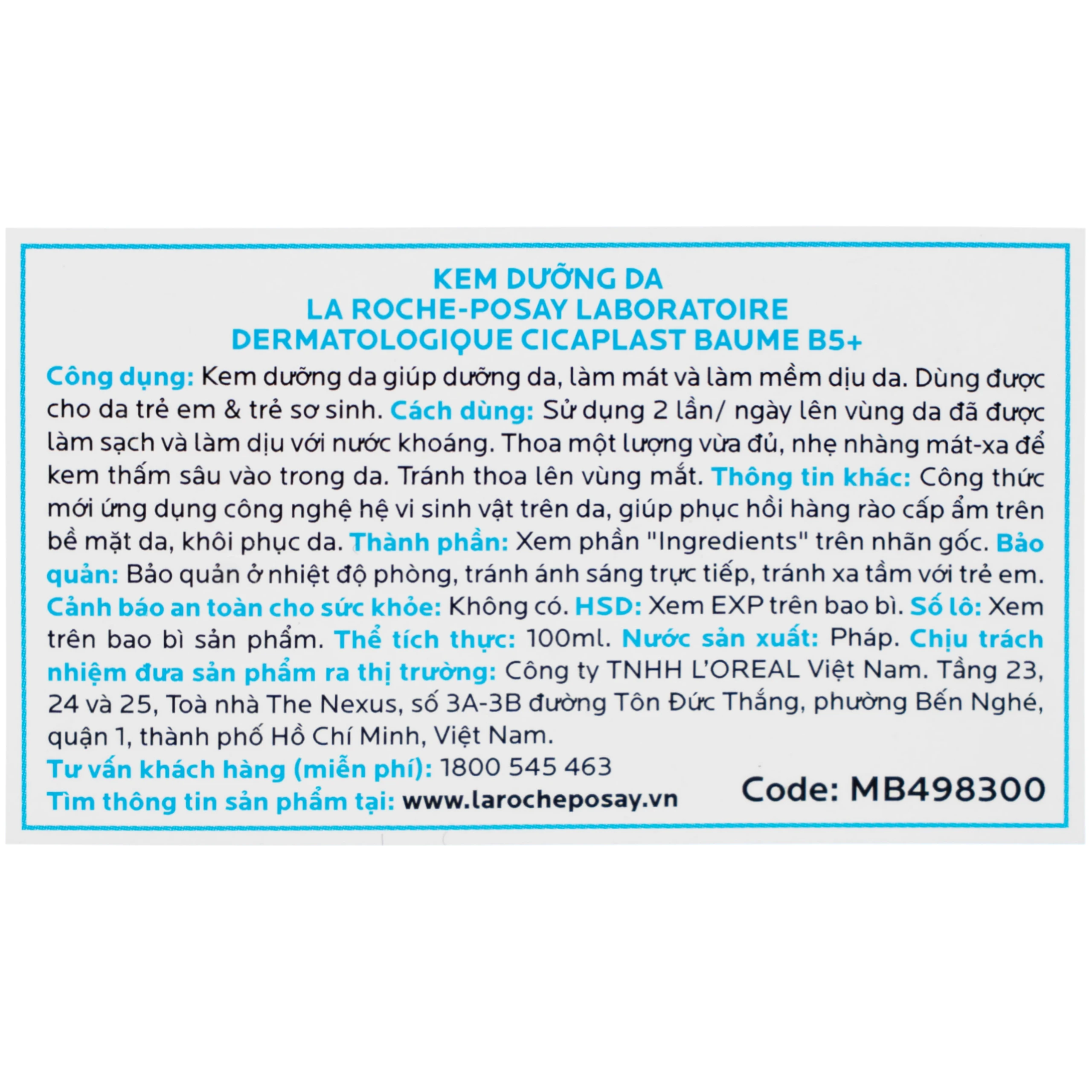 Kem bôi phục hồi và dịu da La Roche-posay Cicaplast Baume B5+ 100ml