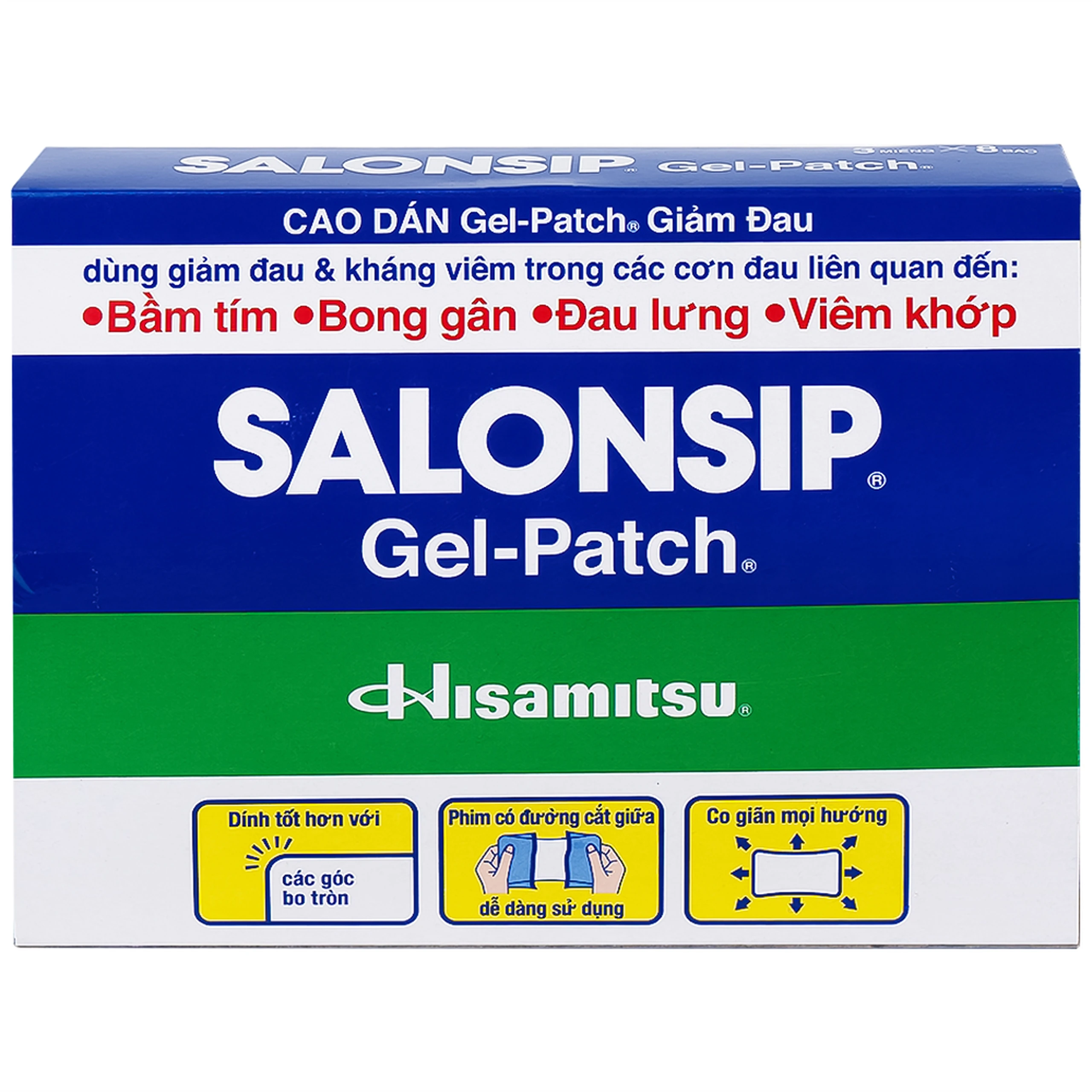 Cao dán Salonsip Gel - Patch Hisamitsu giảm đau, kháng viêm do mỏi cơ, đau cơ (8 gói x 3 miếng)
