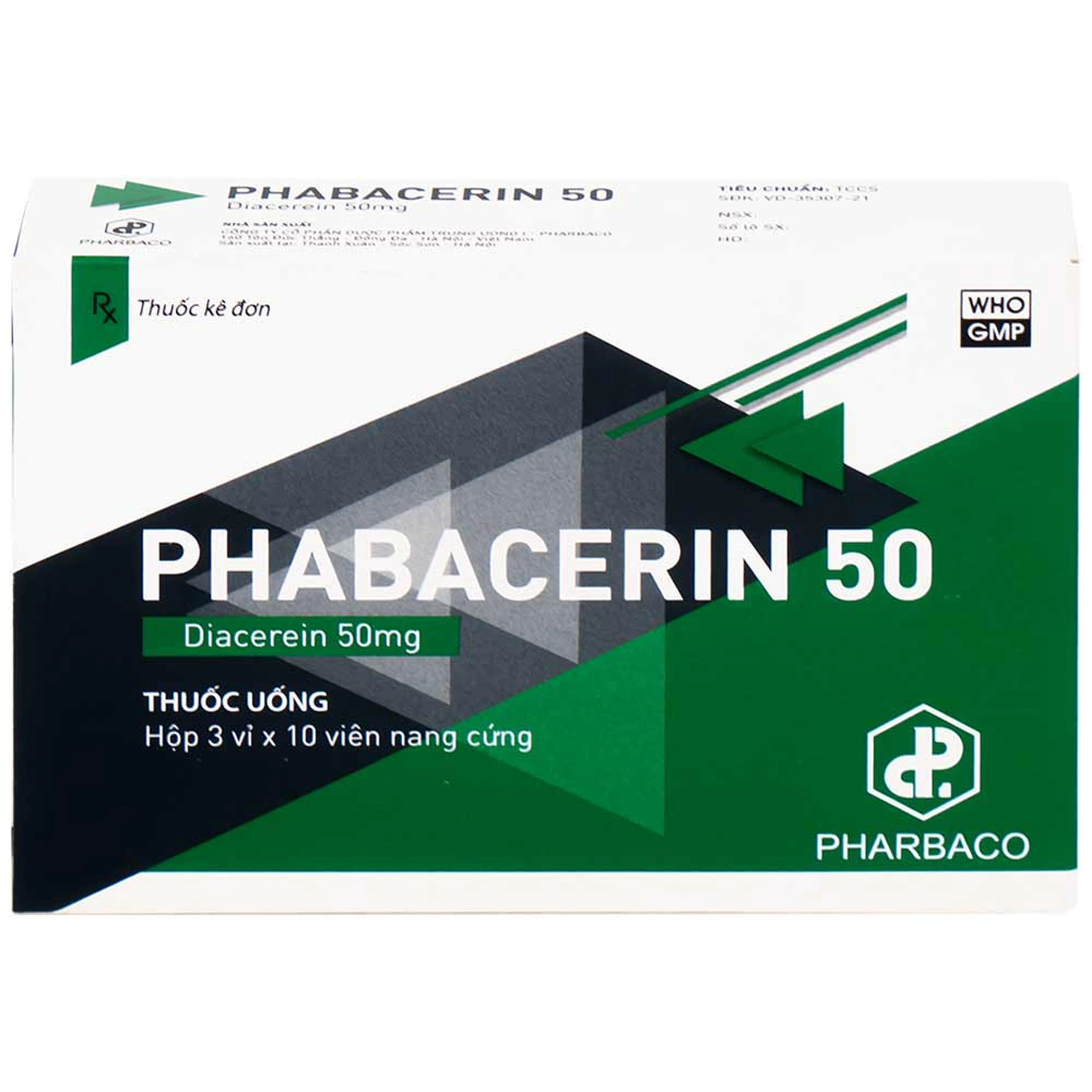 Thuốc uống Phabacerin 50 Pharbaco điều trị thoái hóa khớp (3 vỉ x 10 viên)
