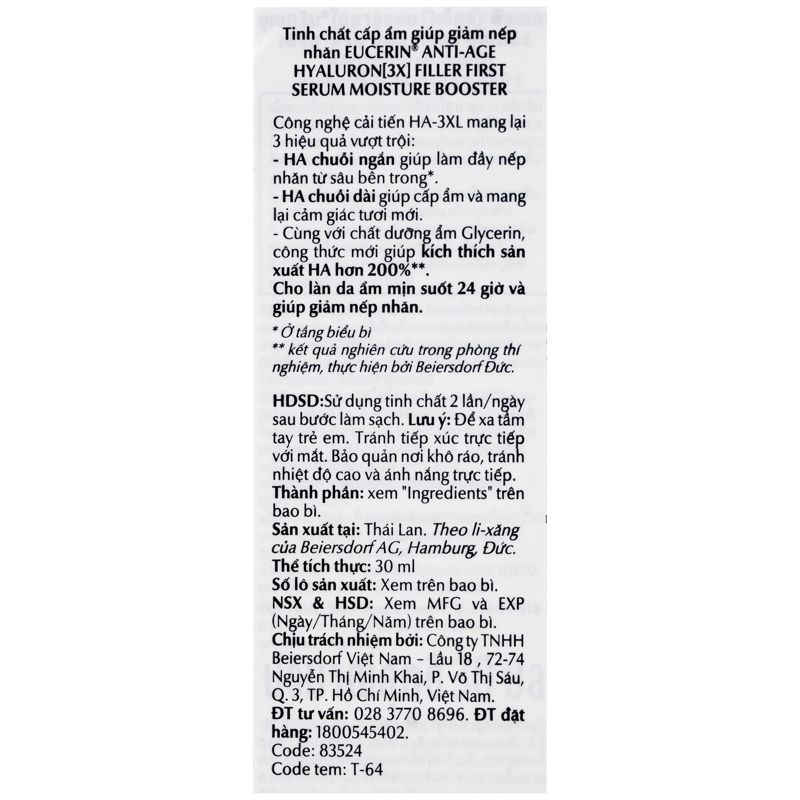 Tinh chất Eucerin Anti-Age Hyaluron-Filler Moisture Filler cấp ẩm ngăn ngừa lão hóa (30ml)