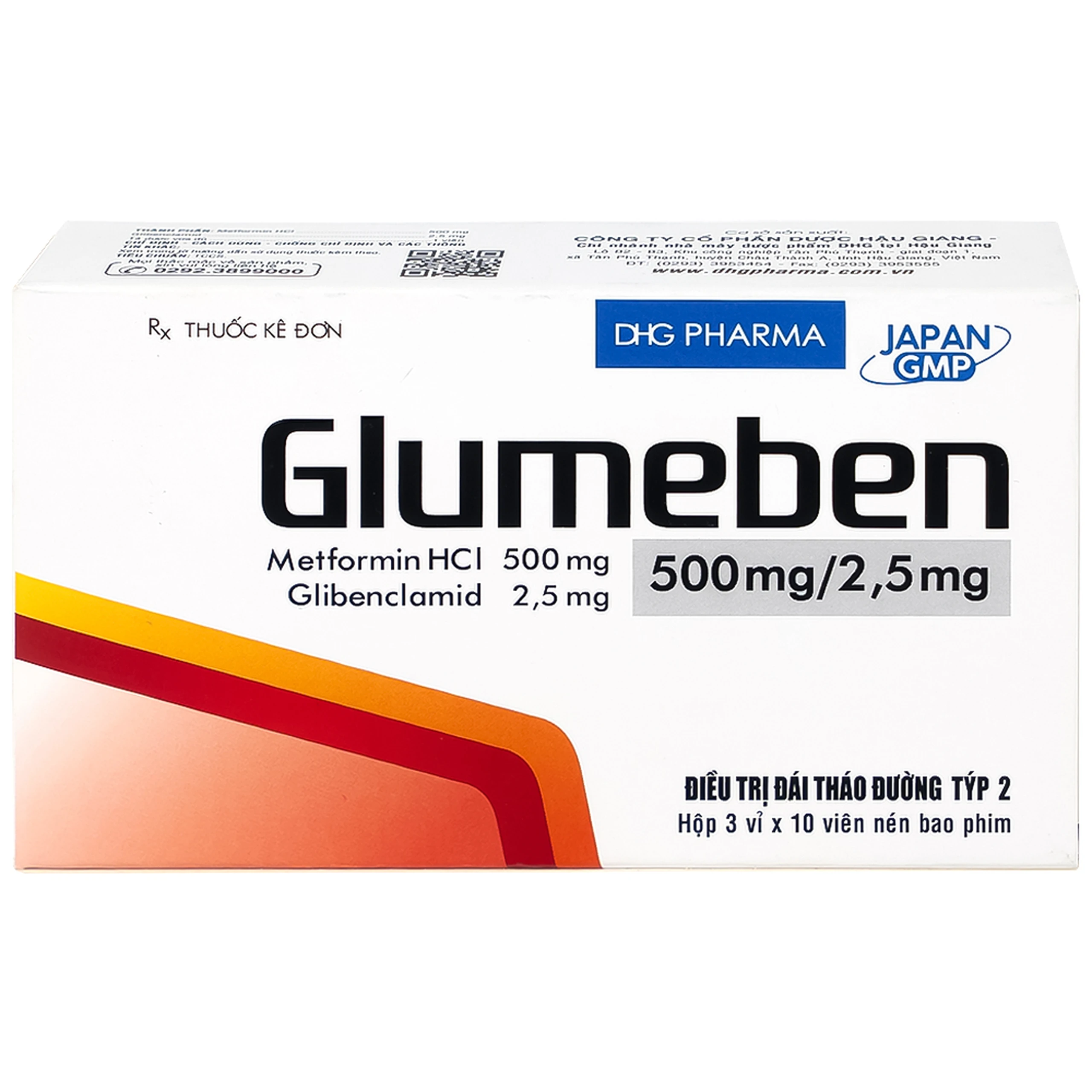 Thuốc Glumeben 500mg/2,5mg DHG điều trị đái tháo đường típ 2 (3 vỉ x 10 viên)