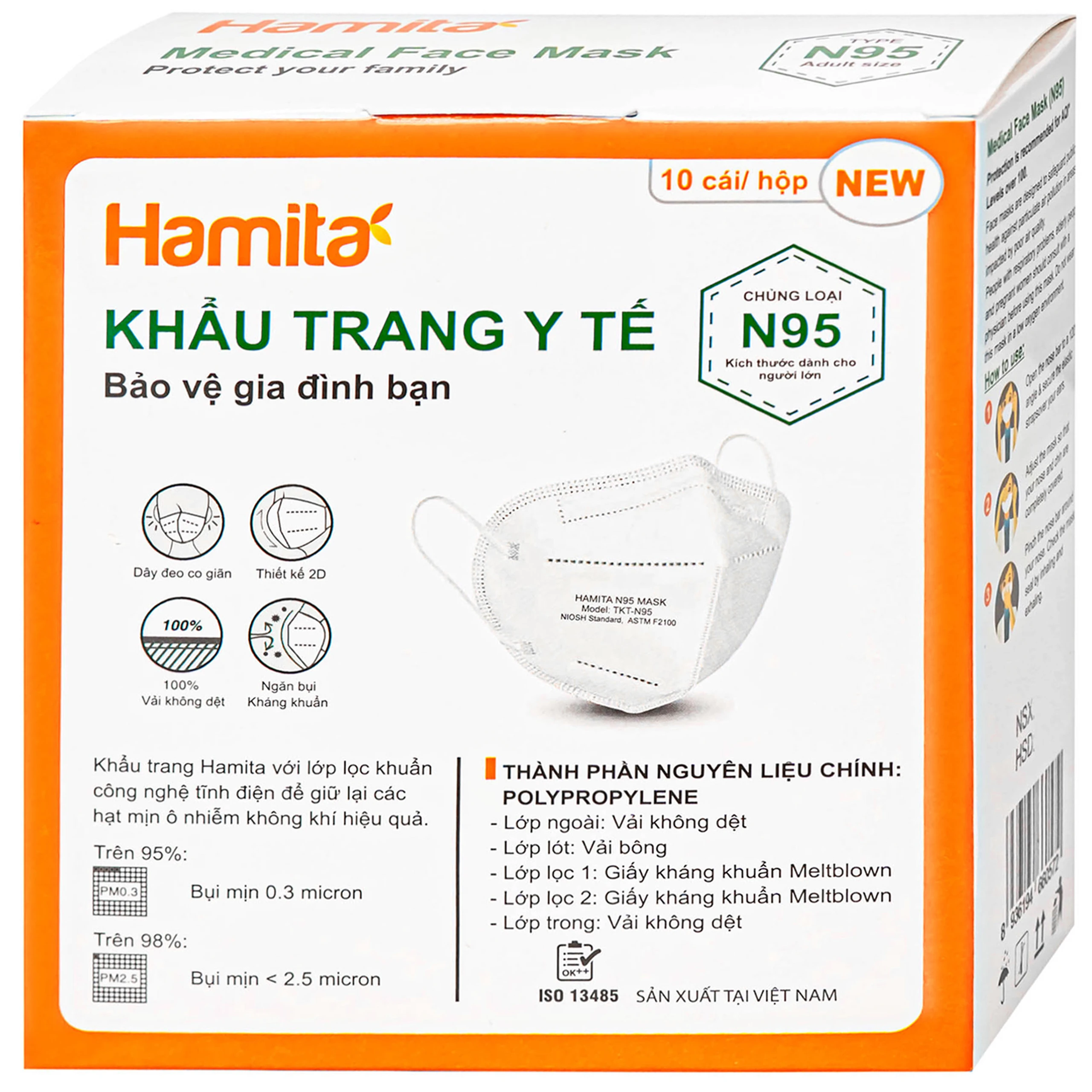Khẩu trang Hamita N95 màu trắng (10 cái) ngăn khói bụi, vi khuẩn và giọt bắn