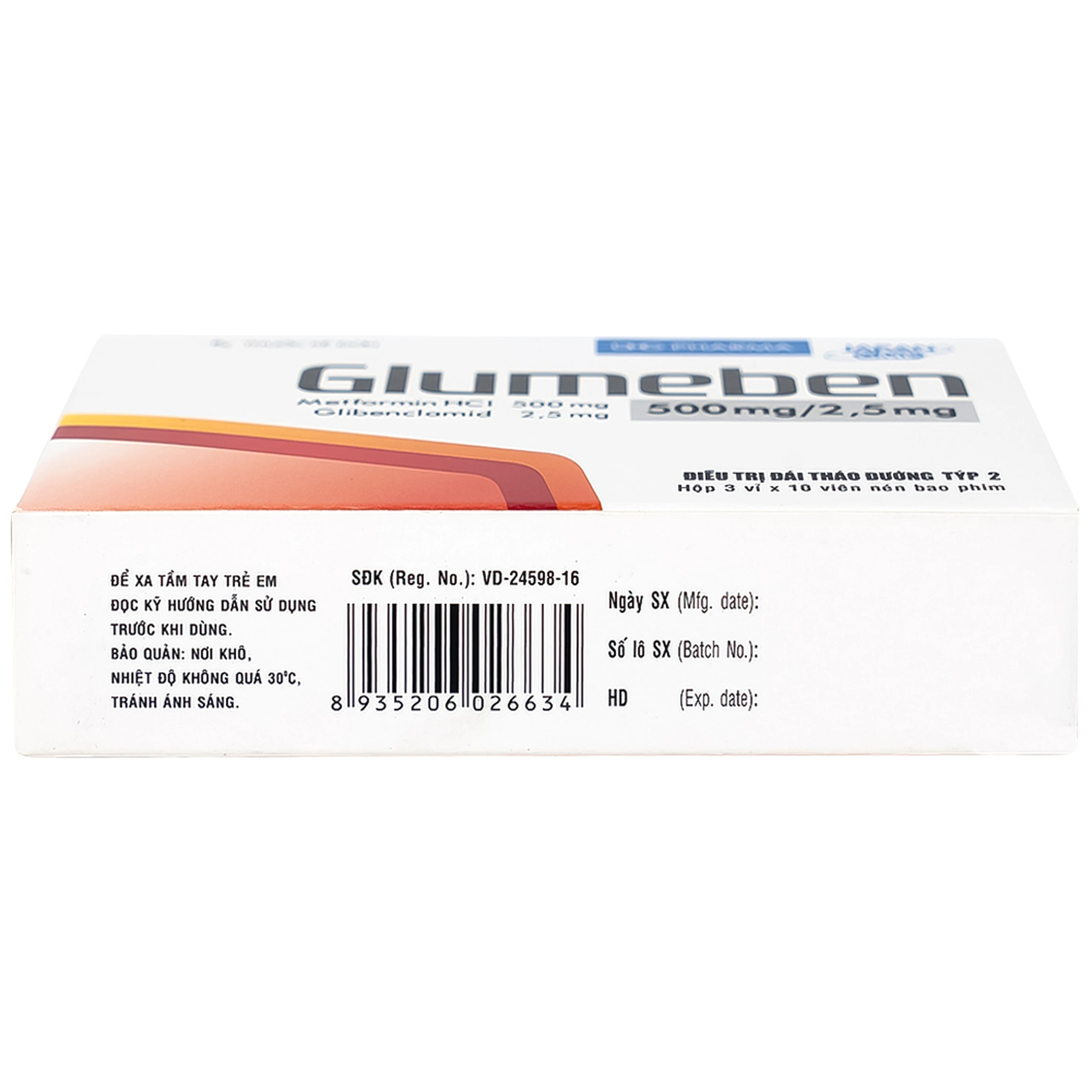 Thuốc Glumeben 500mg/2,5mg DHG điều trị đái tháo đường típ 2 (3 vỉ x 10 viên)