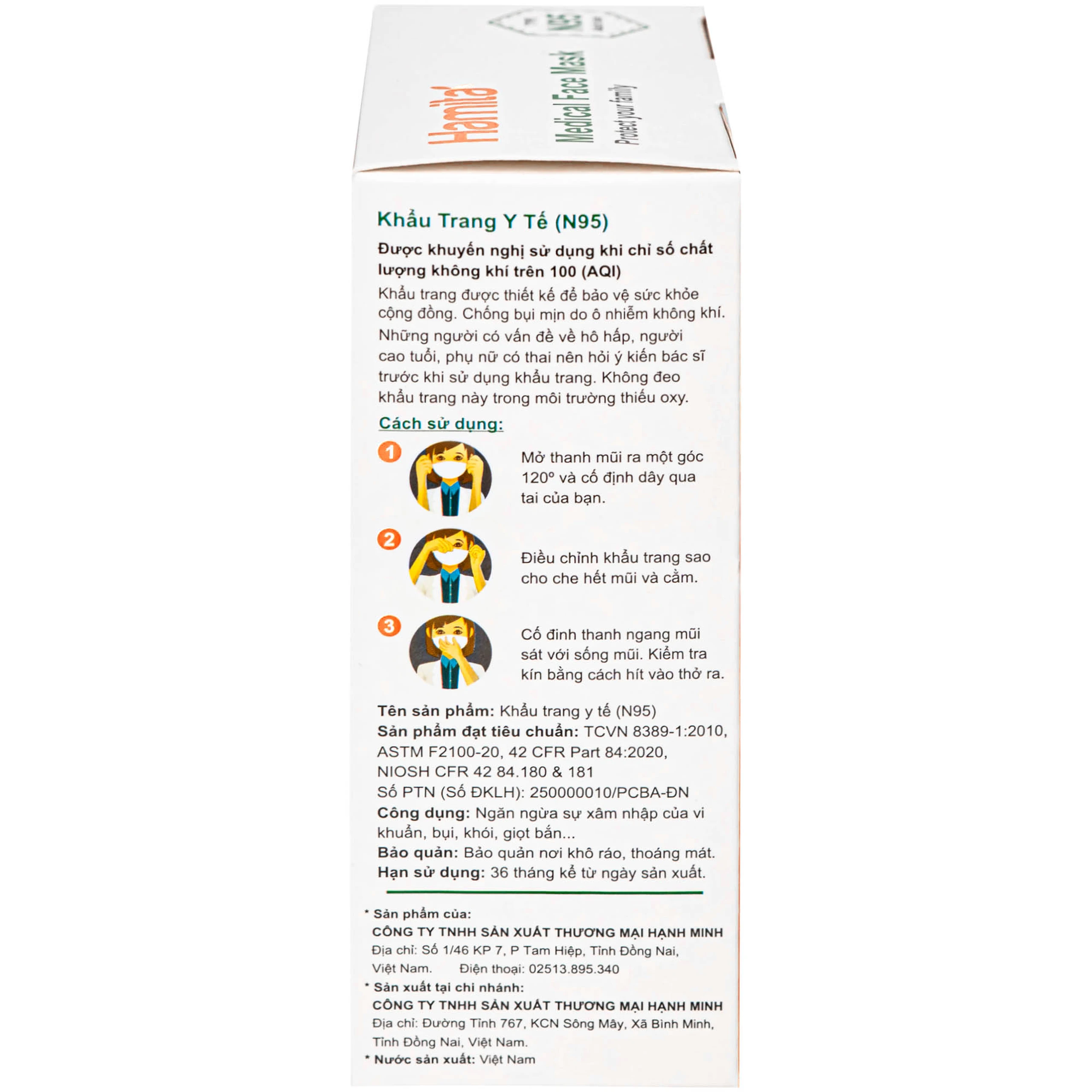 Khẩu trang Hamita N95 màu trắng (10 cái) ngăn khói bụi, vi khuẩn và giọt bắn