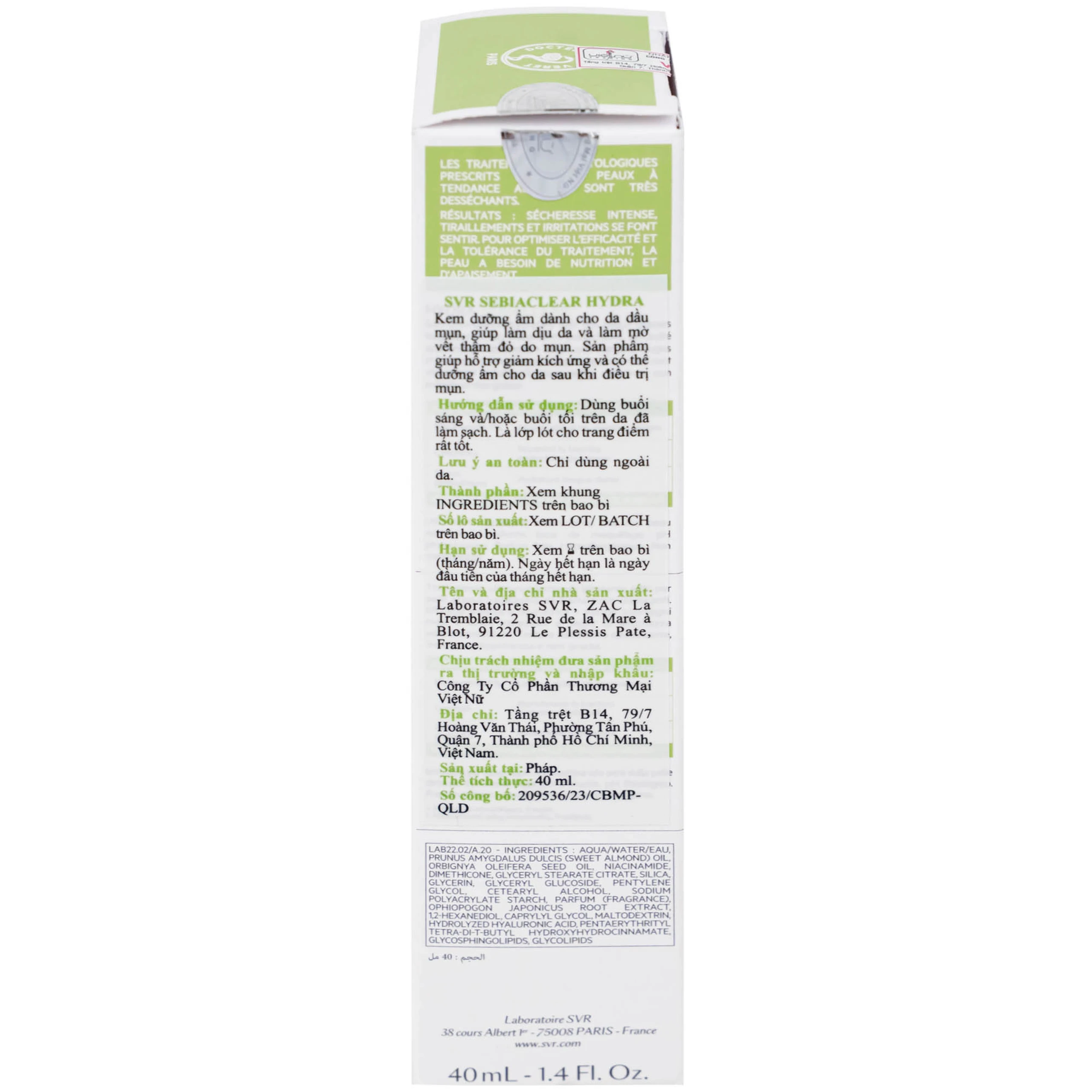 Kem bôi SVR Sebiaclear Hydra dưỡng ẩm cho da dầu mụn (40ml)