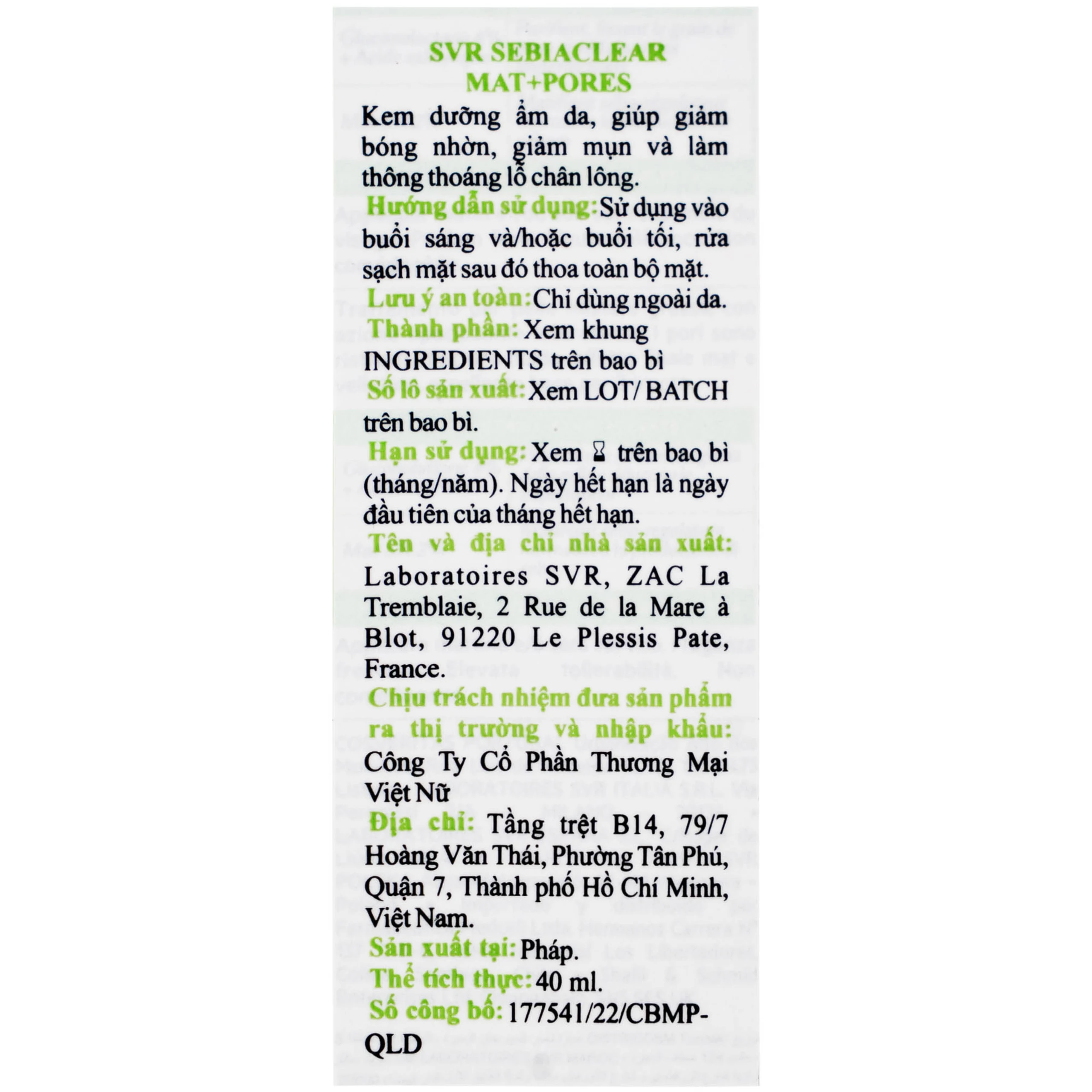 Kem SVR Sebiaclear Mat And Pores điều hòa bã nhờn, dưỡng ẩm, thu nhỏ lỗ chân lông (40ml)