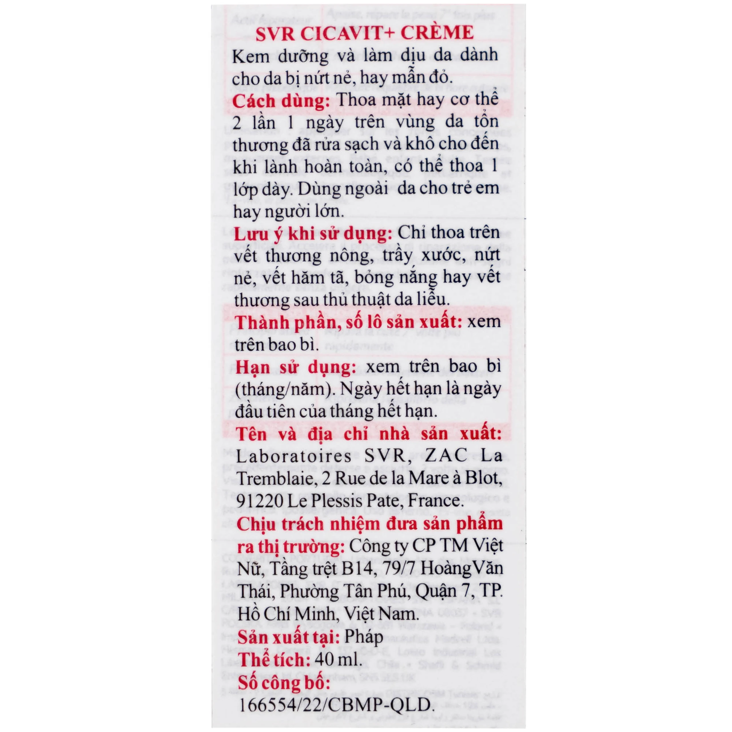 Kem bôi SVR Cicavit+ Creme dưỡng ẩm và làm dịu cho các trường hợp khô da, mẩn đỏ (40ml)