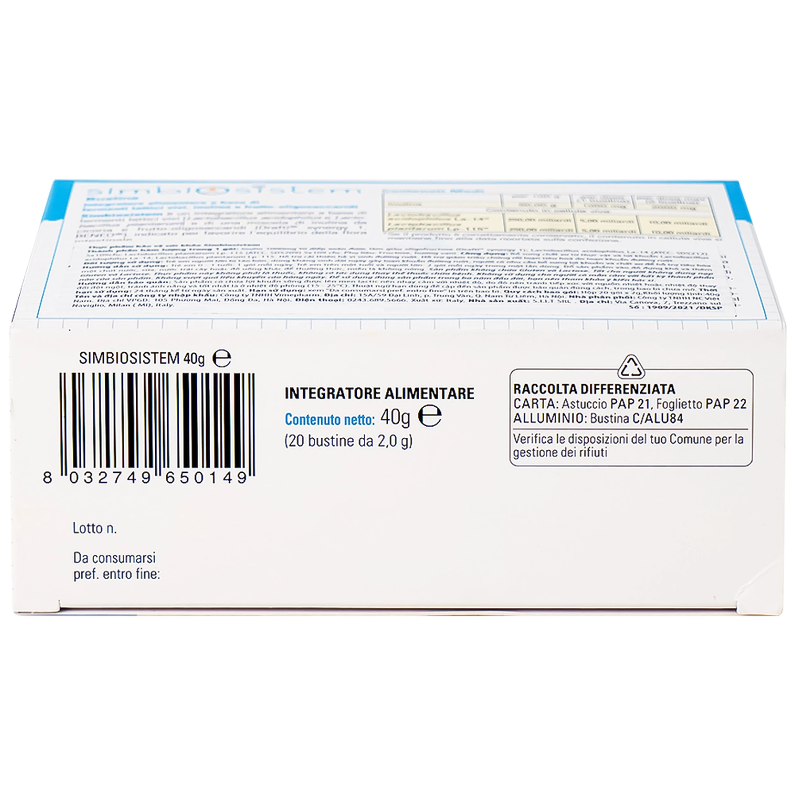 Bổ sung chất xơ và lợi khuẩn Bouna Simbiosistem Bustine (20 gói)