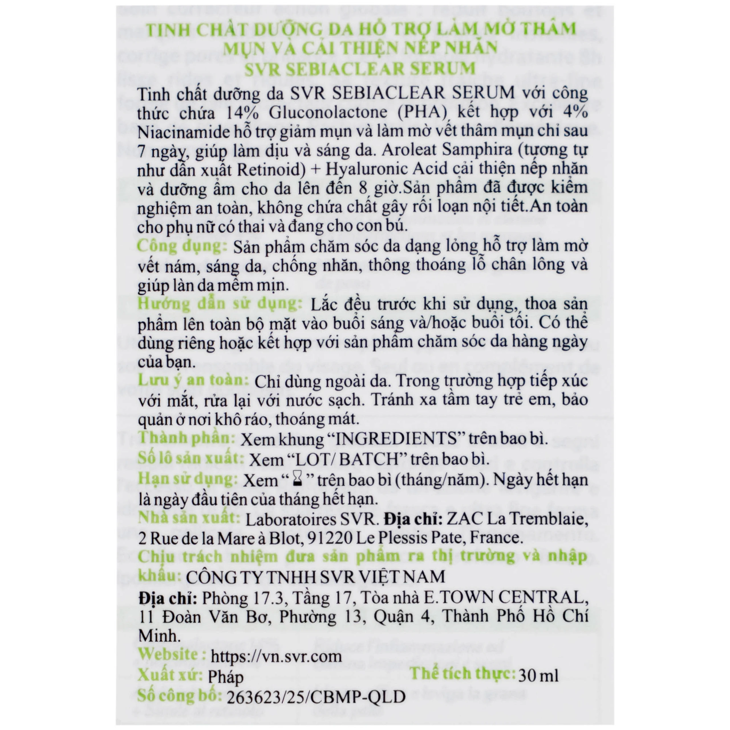 Tinh chất SVR Sebiaclear Serum giảm mụn mờ thâm, làm mịn da (30ml)