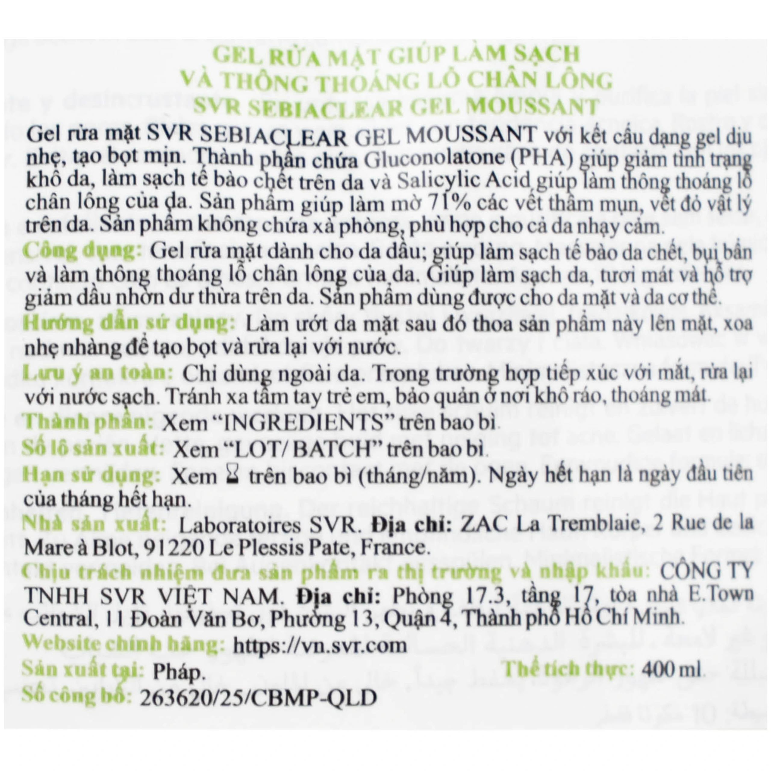 Gel rửa mặt SVR Sebiaclear Moussant làm sạch và giảm dầu cho da dầu (400ml)