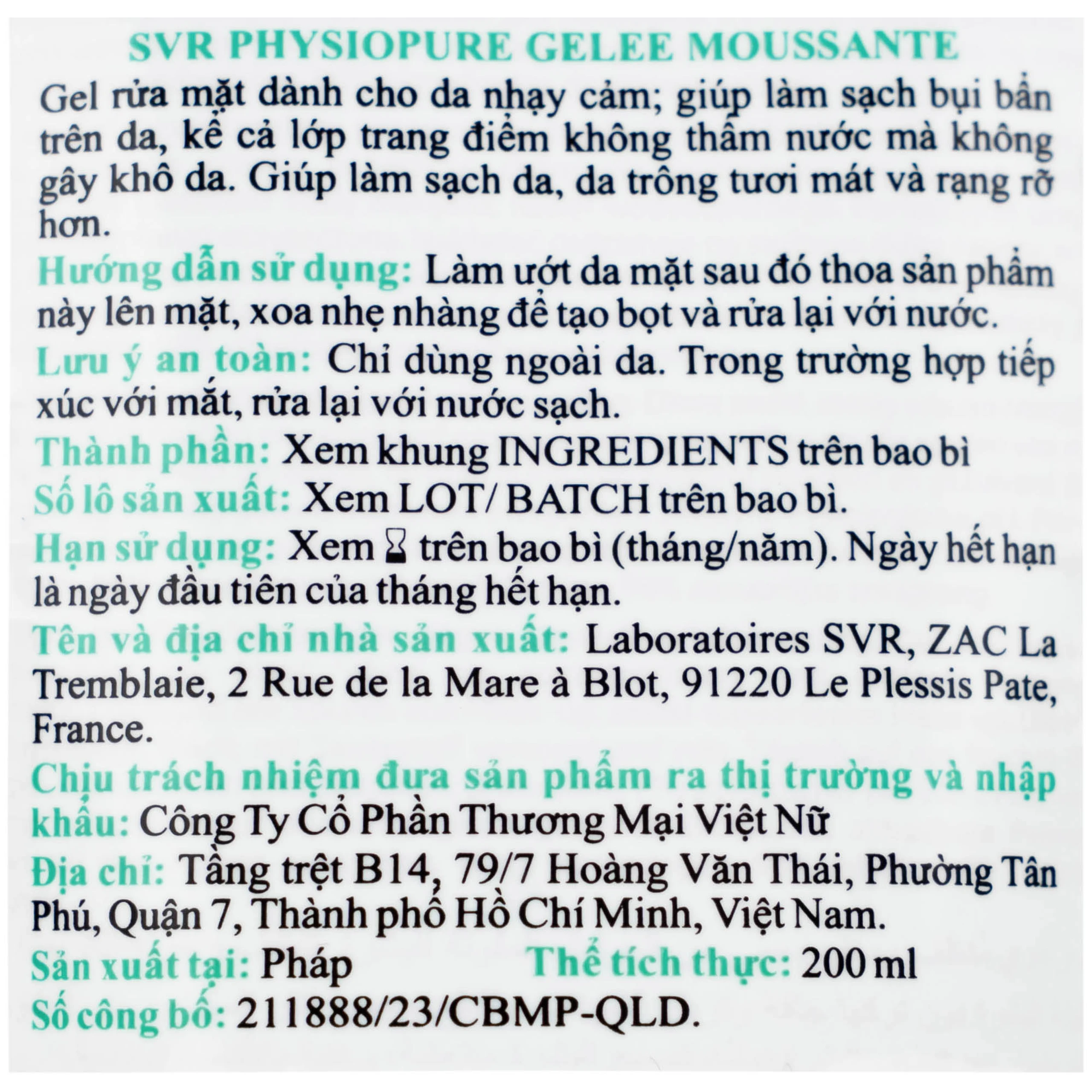 Gel rửa mặt SVR Physiopure Gelee Moussante dành cho da nhạy cảm (200ml)
