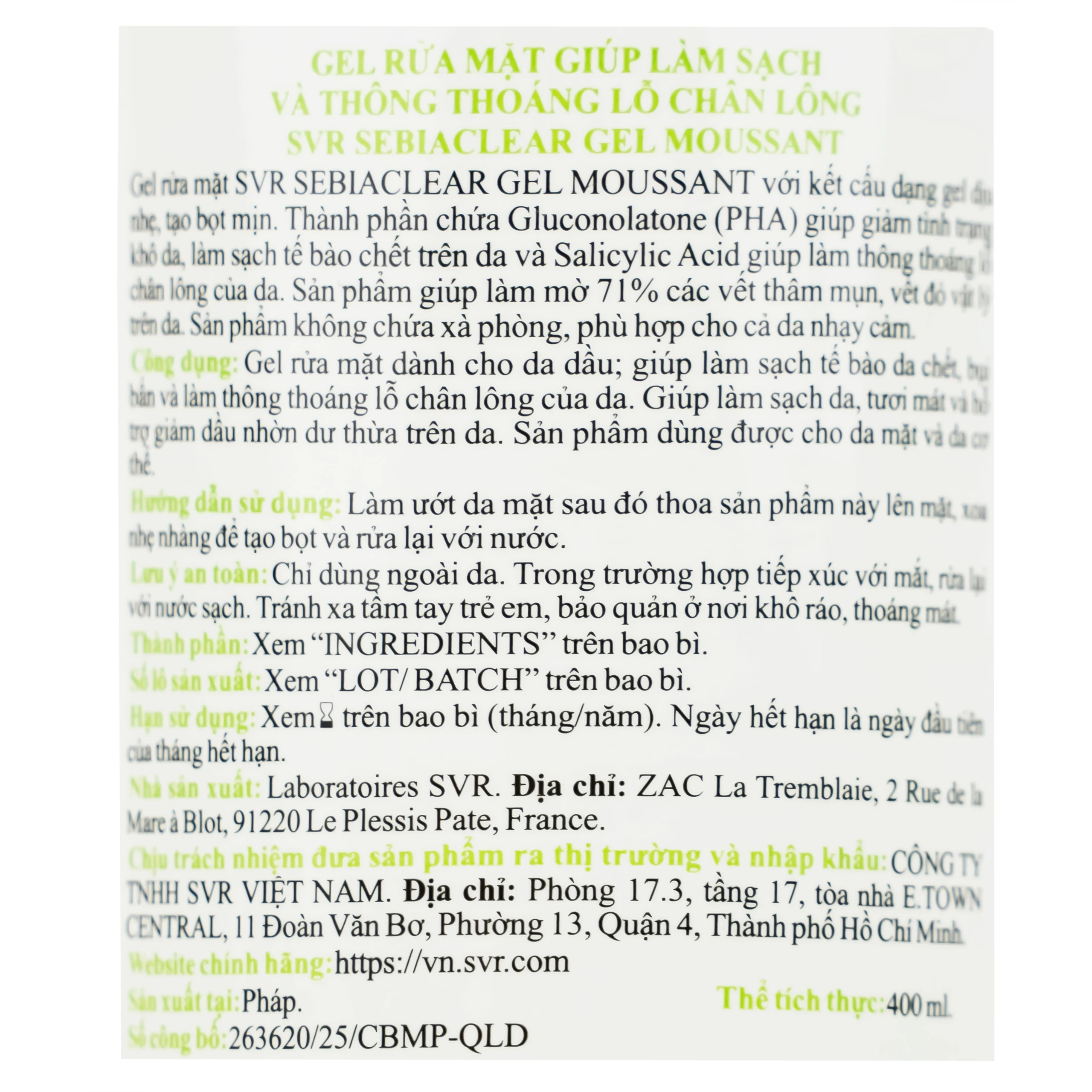 Gel rửa mặt SVR Sebiaclear Moussant làm sạch và giảm dầu cho da dầu (400ml)