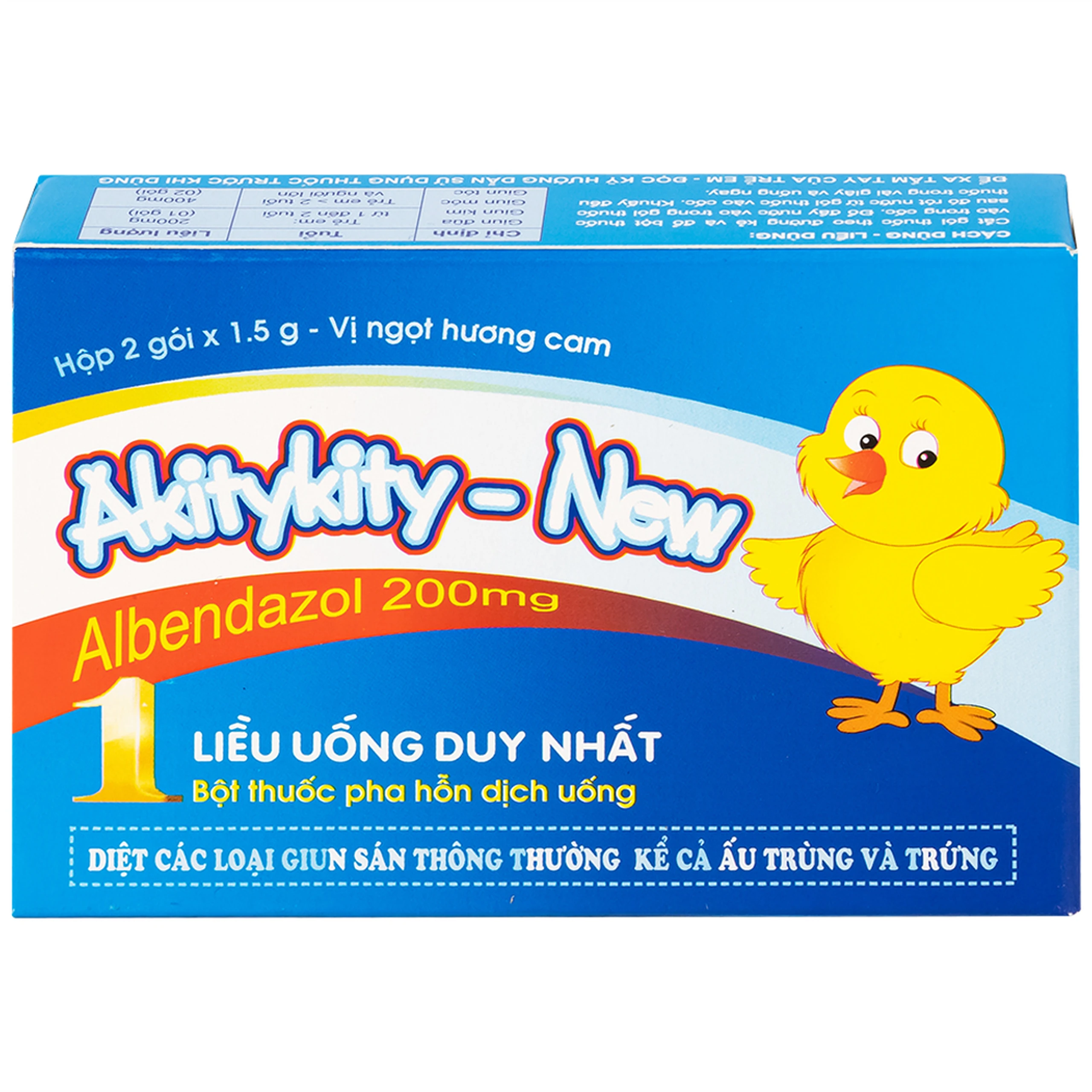 Hỗn dịch uống Akitykity-New 200mg Pharbaco vị ngọt hương cam diệt các loại giun sán, ấu trùng và trứng (2 gói x 1.5g)