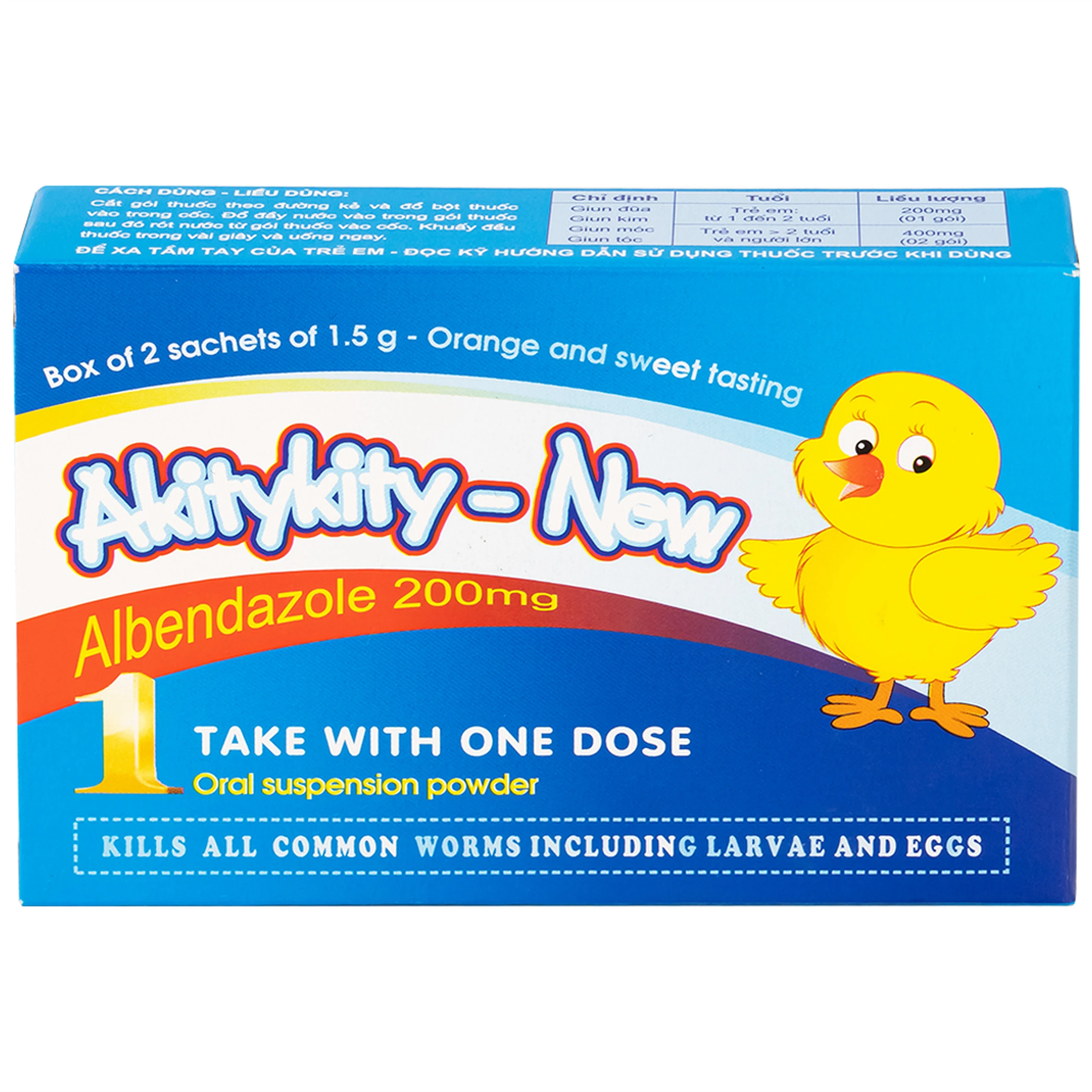 Hỗn dịch uống Akitykity-New 200mg Pharbaco vị ngọt hương cam diệt các loại giun sán, ấu trùng và trứng (2 gói x 1.5g)