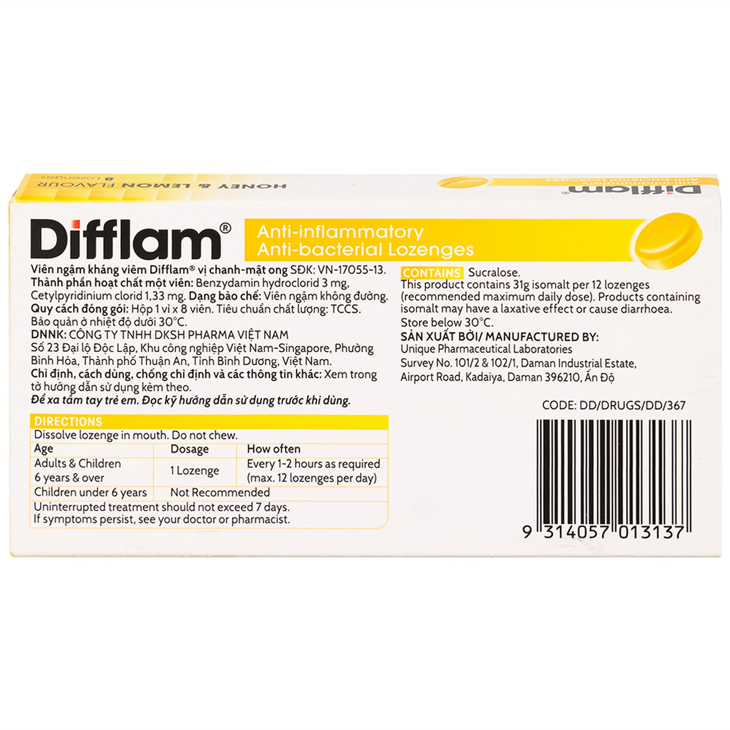 Viên ngậm kháng viêm Difflam vị chanh Unique Pharma hỗ trợ điều trị viêm amidan, đau họng (1 vỉ x 8 viên)