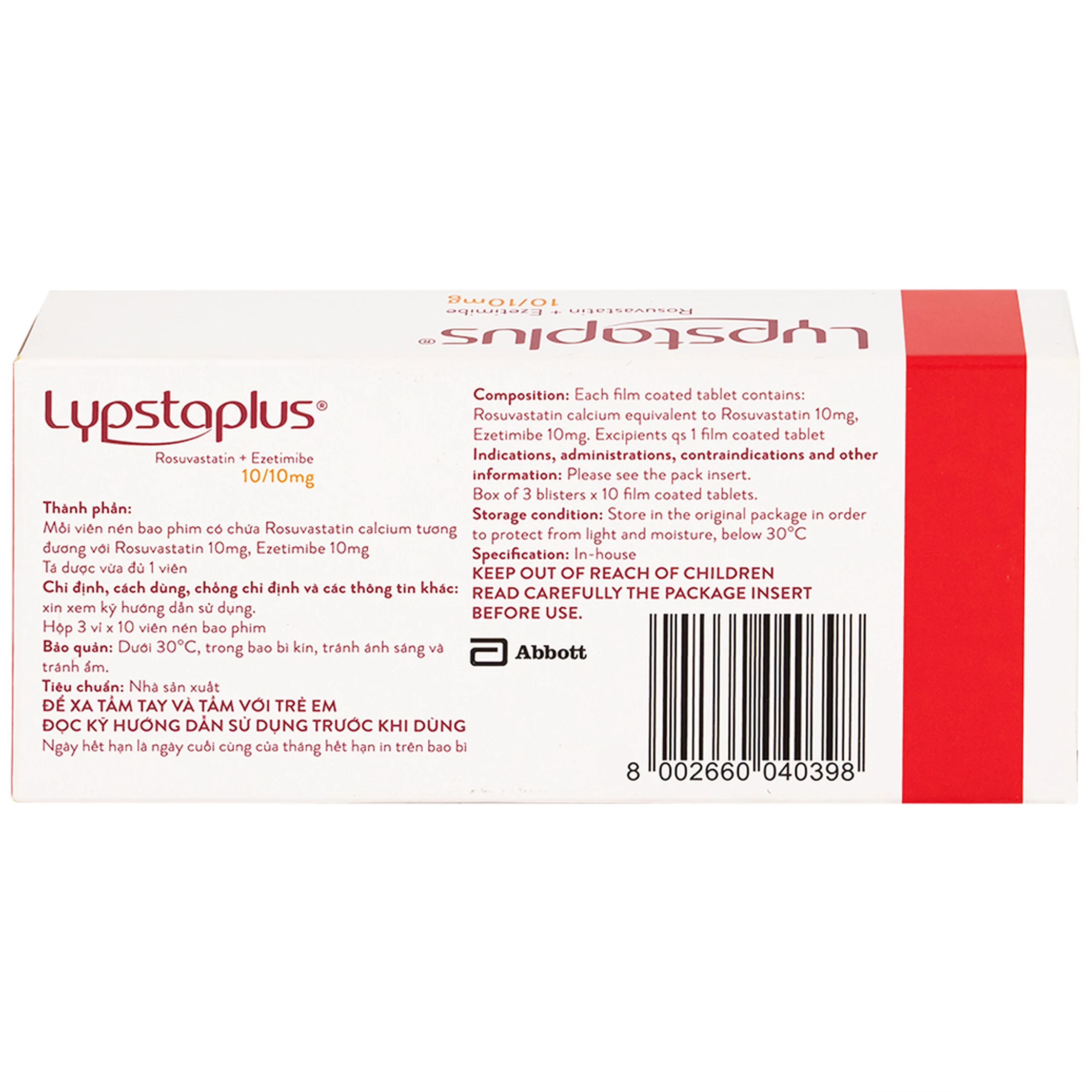 Viên nén Lypstaplus 10/10mg Abbott điều trị tăng cholesterol máu nguyên phát (3 vỉ x 10 viên)