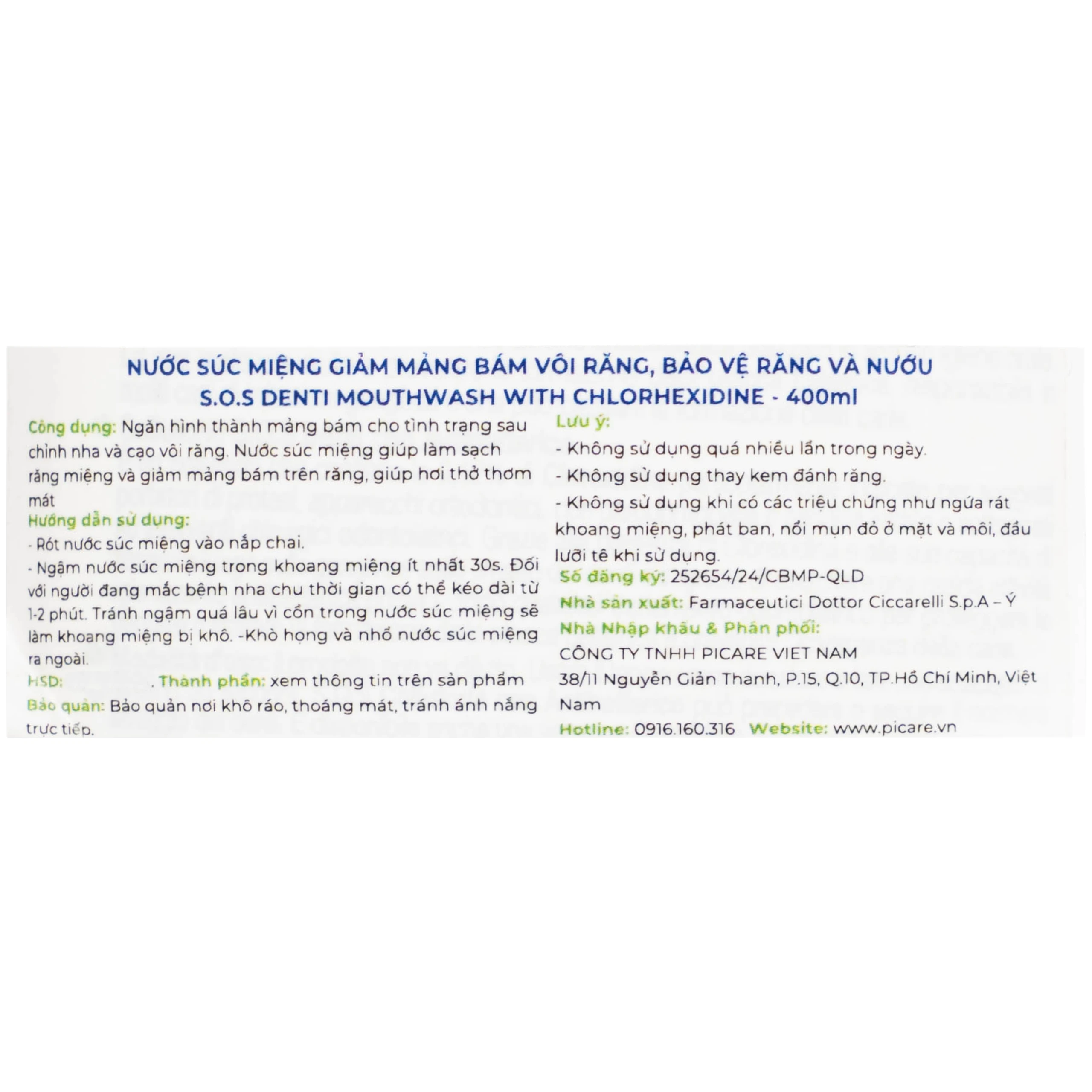 Nước súc miệng giảm mảng báng, bảo vệ răng nứu Dr.Ciccarelli S.O.S Denti chai 400ml