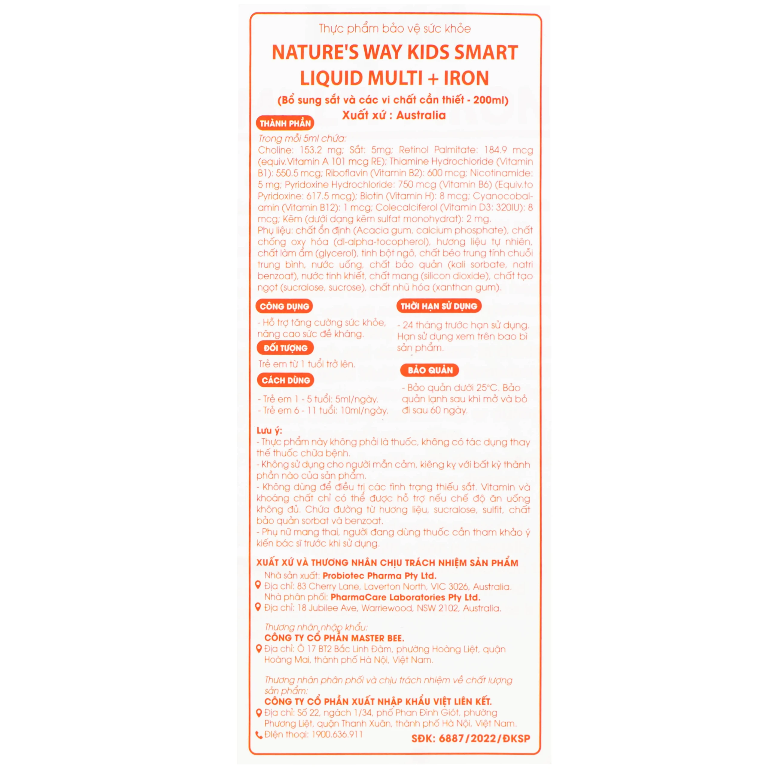 Siro hỗ trợ tăng sức đề kháng Kids Smart Liquid Multi + Iron Nature's Way (200ml)