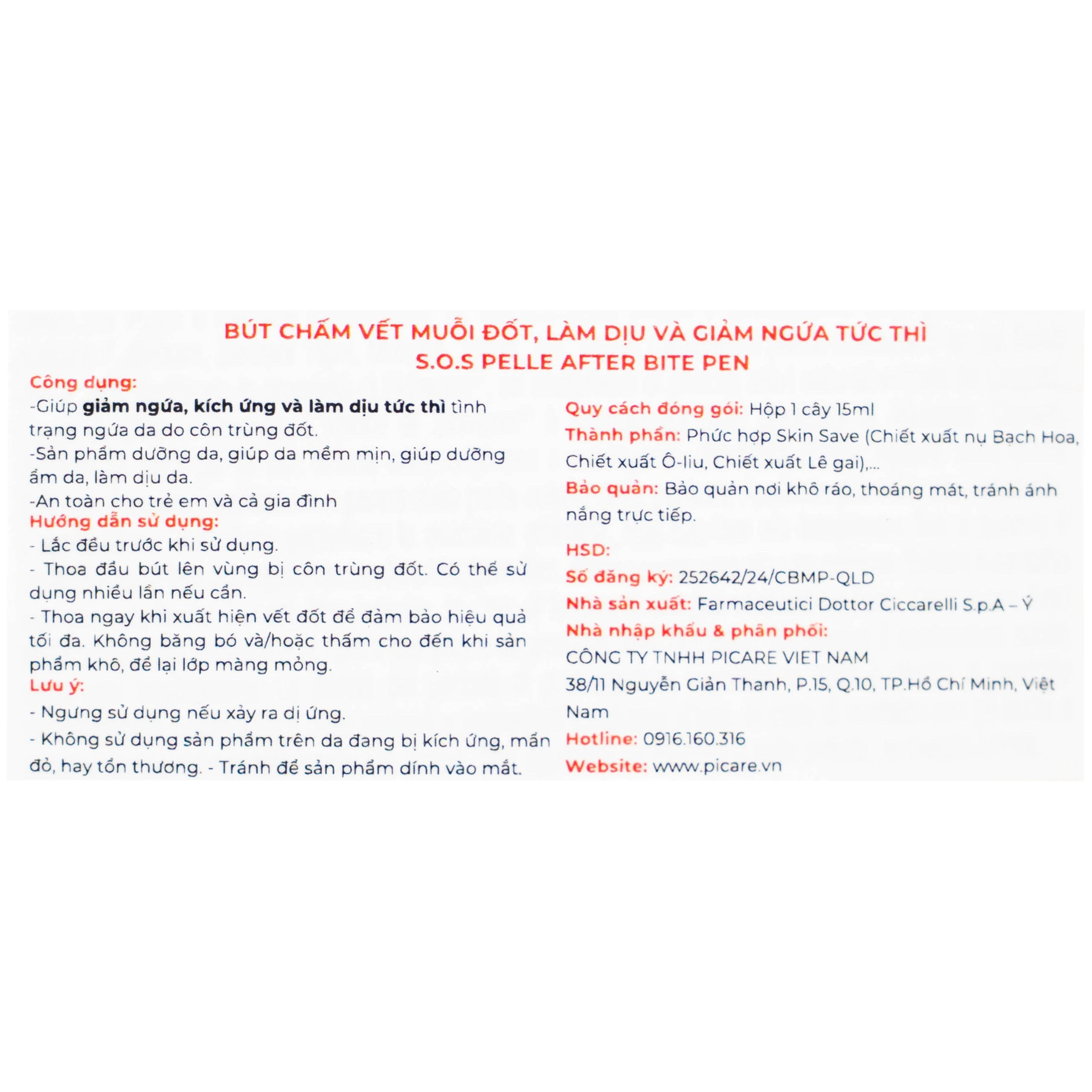 Bút chấm vết đốt muỗi, côn trùng Dr.Ciccarelli S.O.S Pelle After Bite Pen giúp làm dịu và giảm ngứa tức thì (15ml)