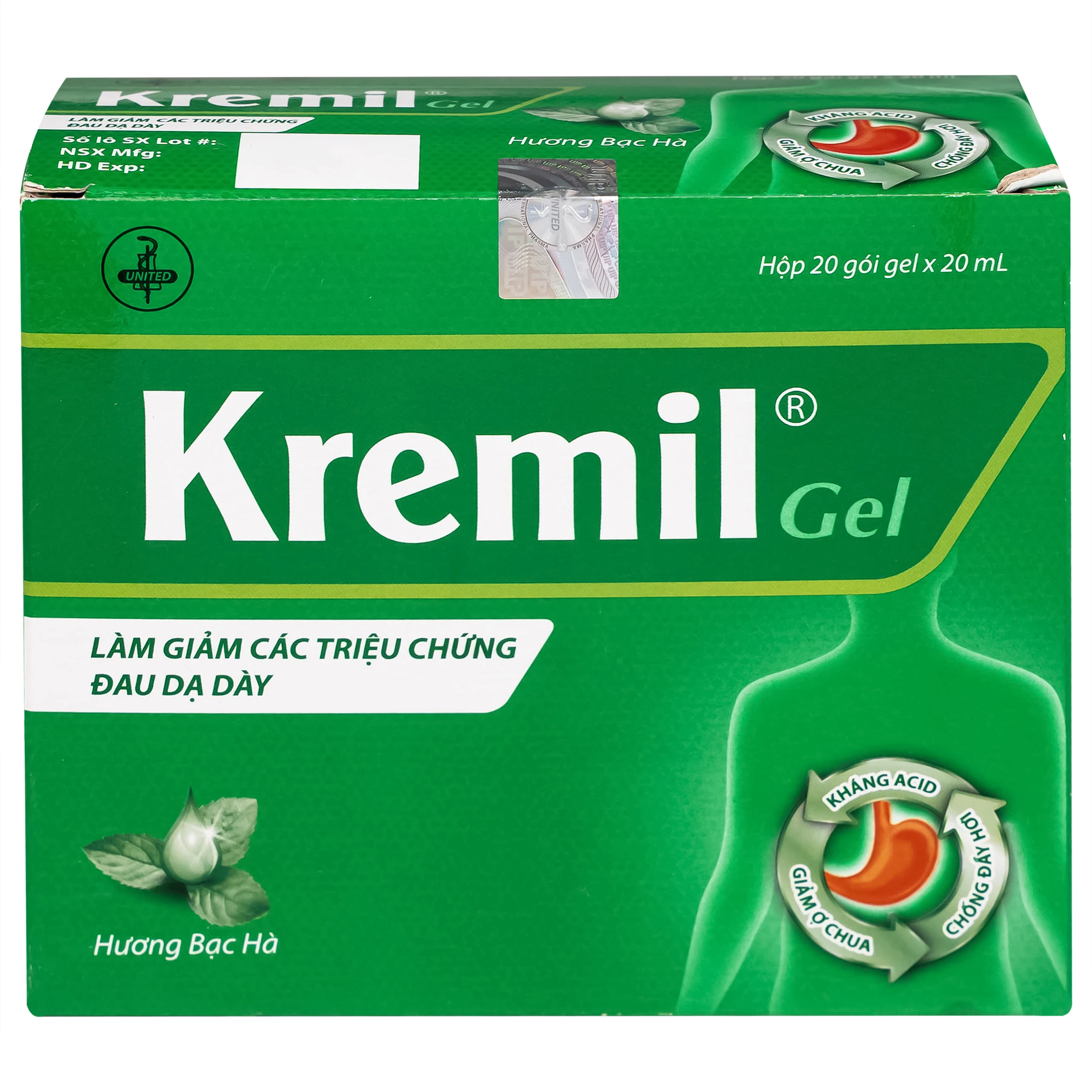 Thuốc Kremil Gel Bạc Hà United làm giảm các triệu chứng như khó tiêu, ợ nóng, đầy hơi (20 gói x 20ml)
