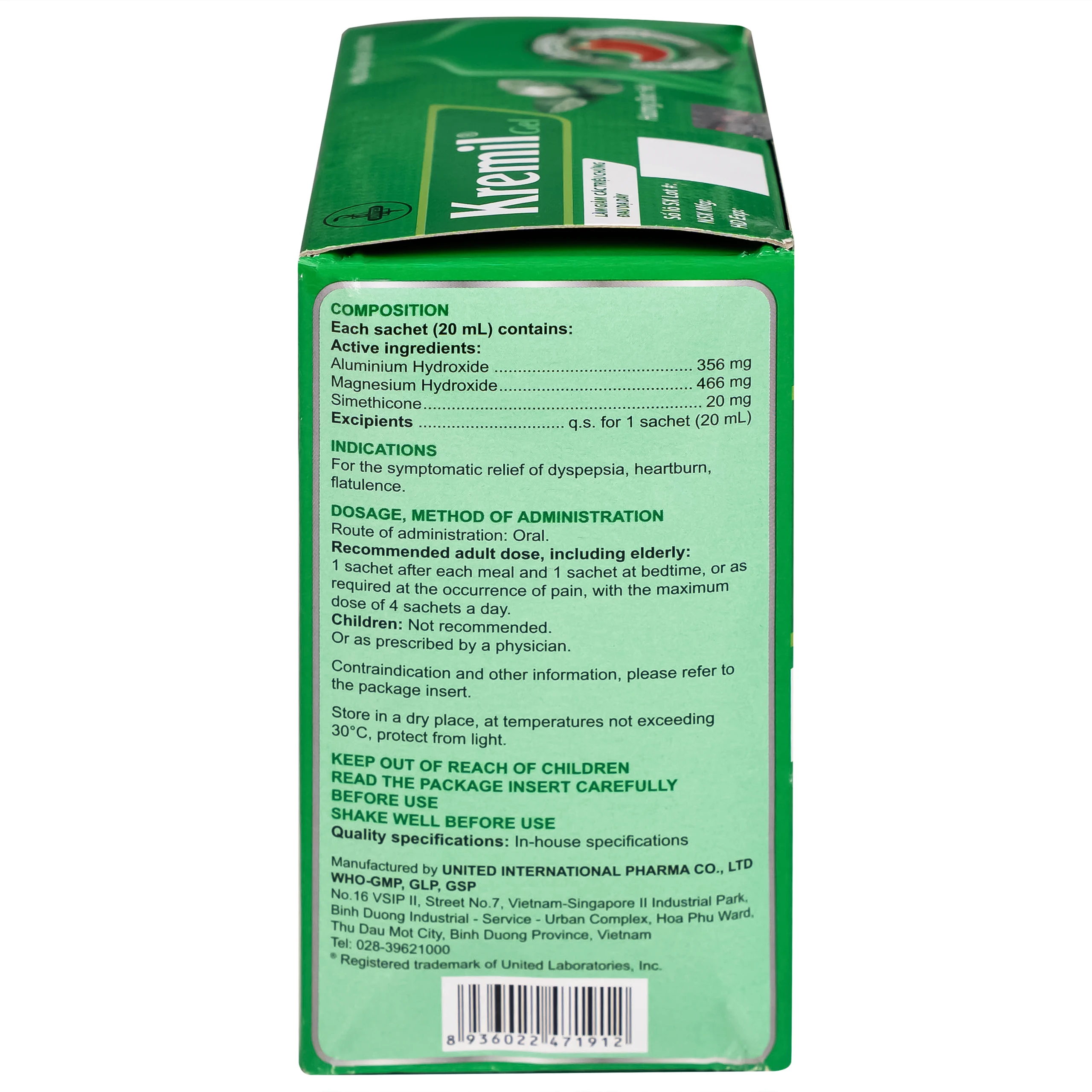 Thuốc Kremil Gel Bạc Hà United làm giảm các triệu chứng như khó tiêu, ợ nóng, đầy hơi (20 gói x 20ml)